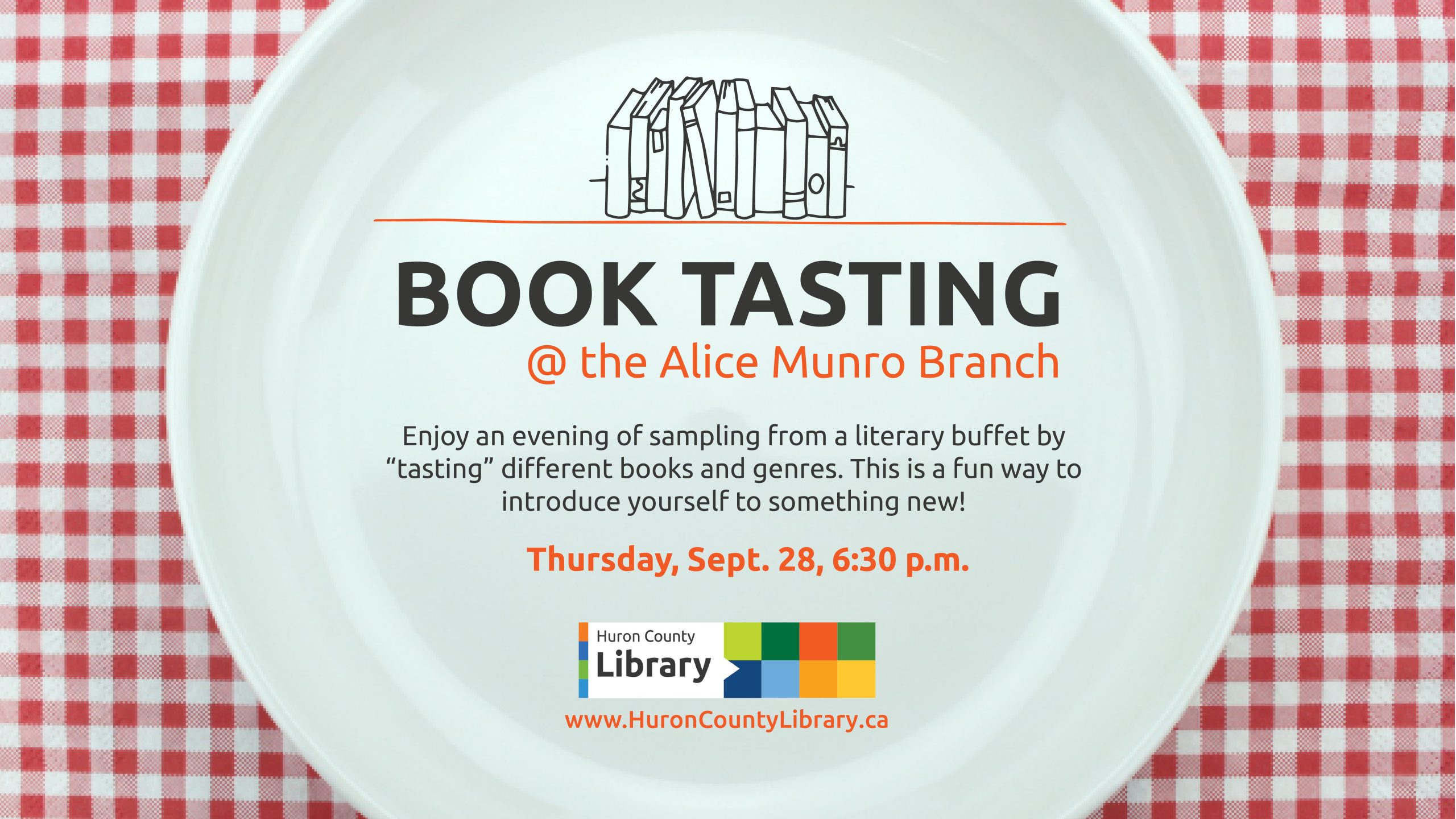 Image of a white plate on a red and white checked tablecloth with text promoting Book Tasting event at Alice Munro Branch