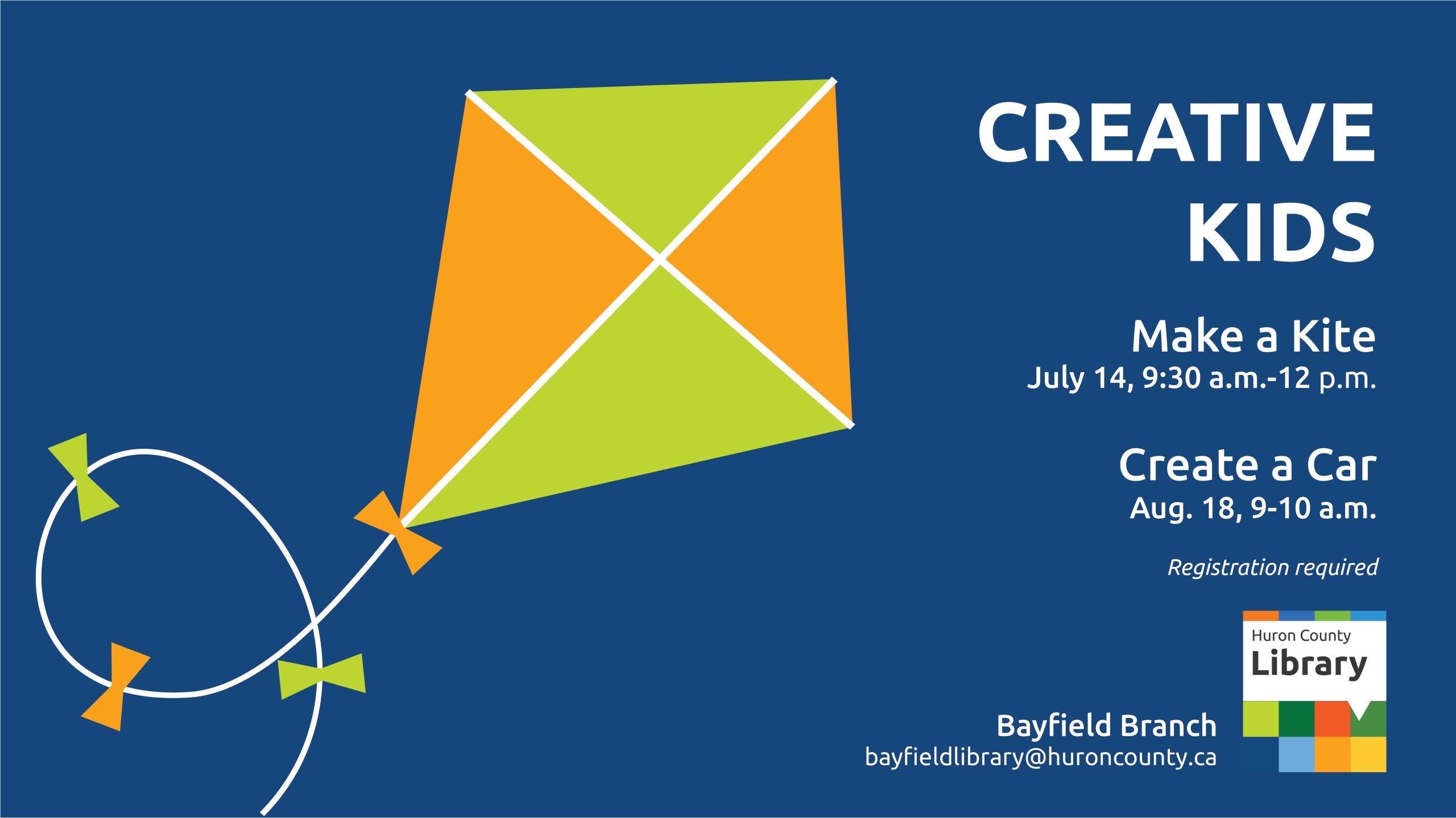 Illustration of a kite with text promoting Creative Kids program at Bayfield Branch