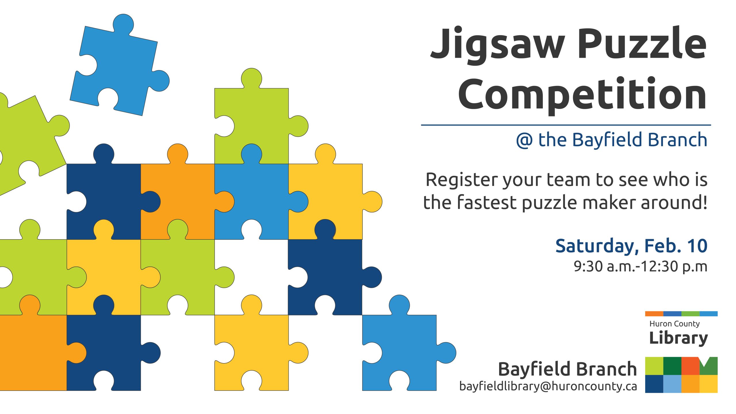 Illustration of puzzle pieces with text promoting puzzle competition at Bayfield branch