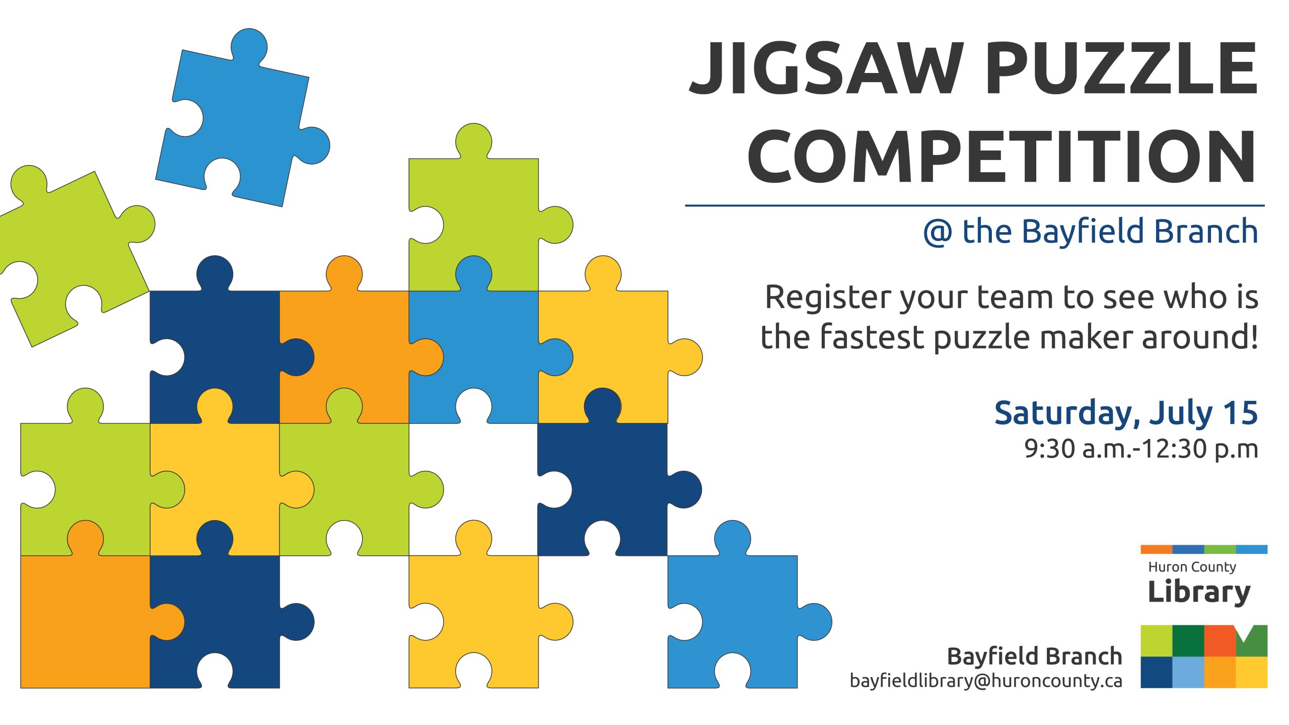 Illustration of puzzle pieces with text promoting Jigsaw Puzzle Competition at Bayfield Branch