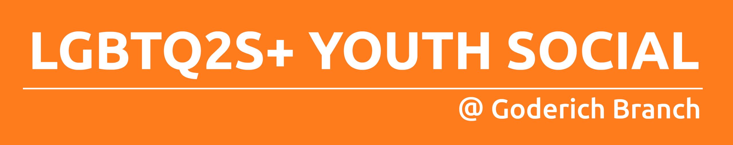 Dark orange rectangle with text promoting LGBTQ2S+ Youth Social Connections at Goderich