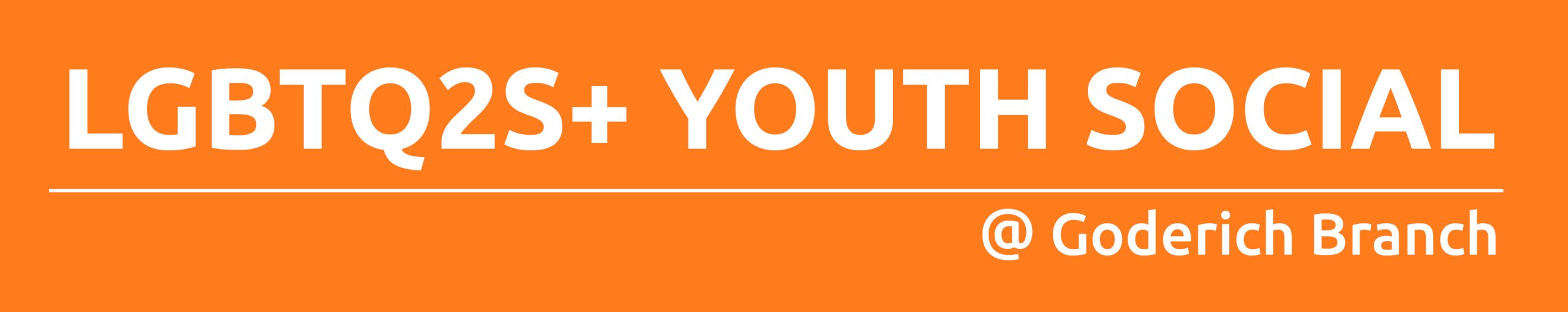 Dark orange rectangle with text promoting LGBTQ2S+ Youth Social Connections at Goderich