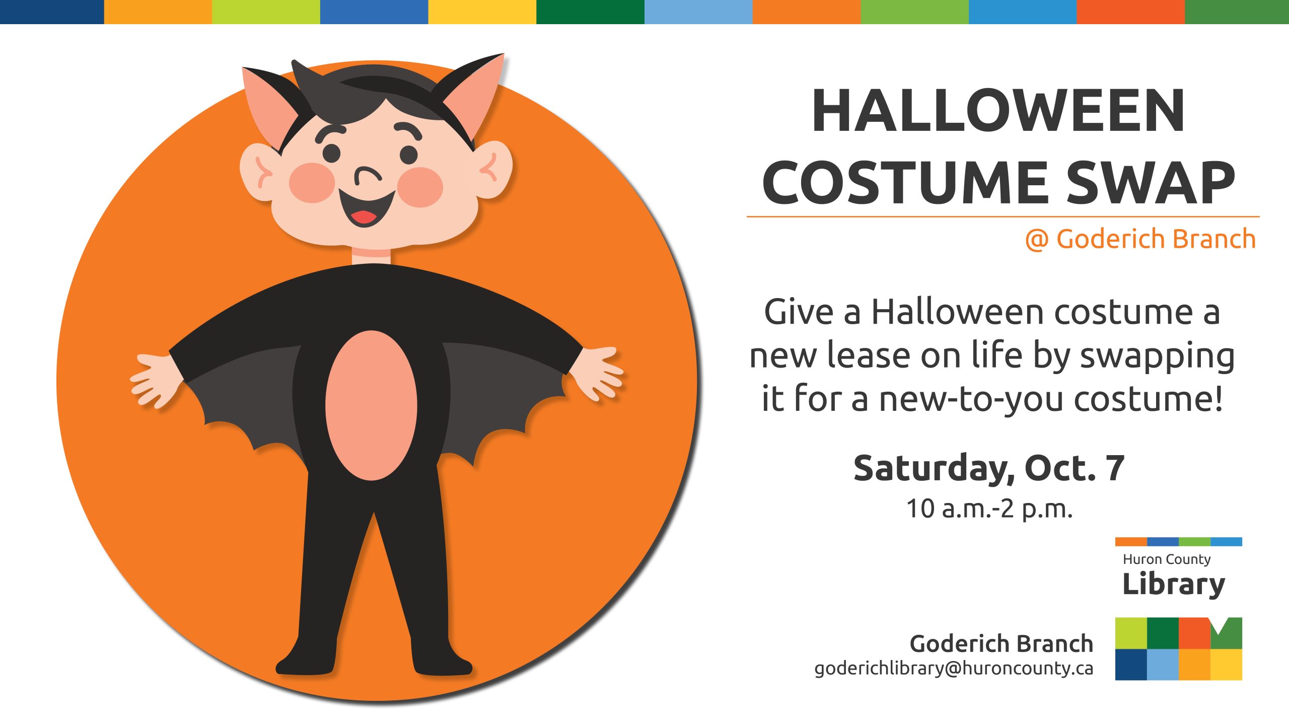 Illustration of a child in a bat costume with text promoting Halloween Costume Swap at Goderich Branch