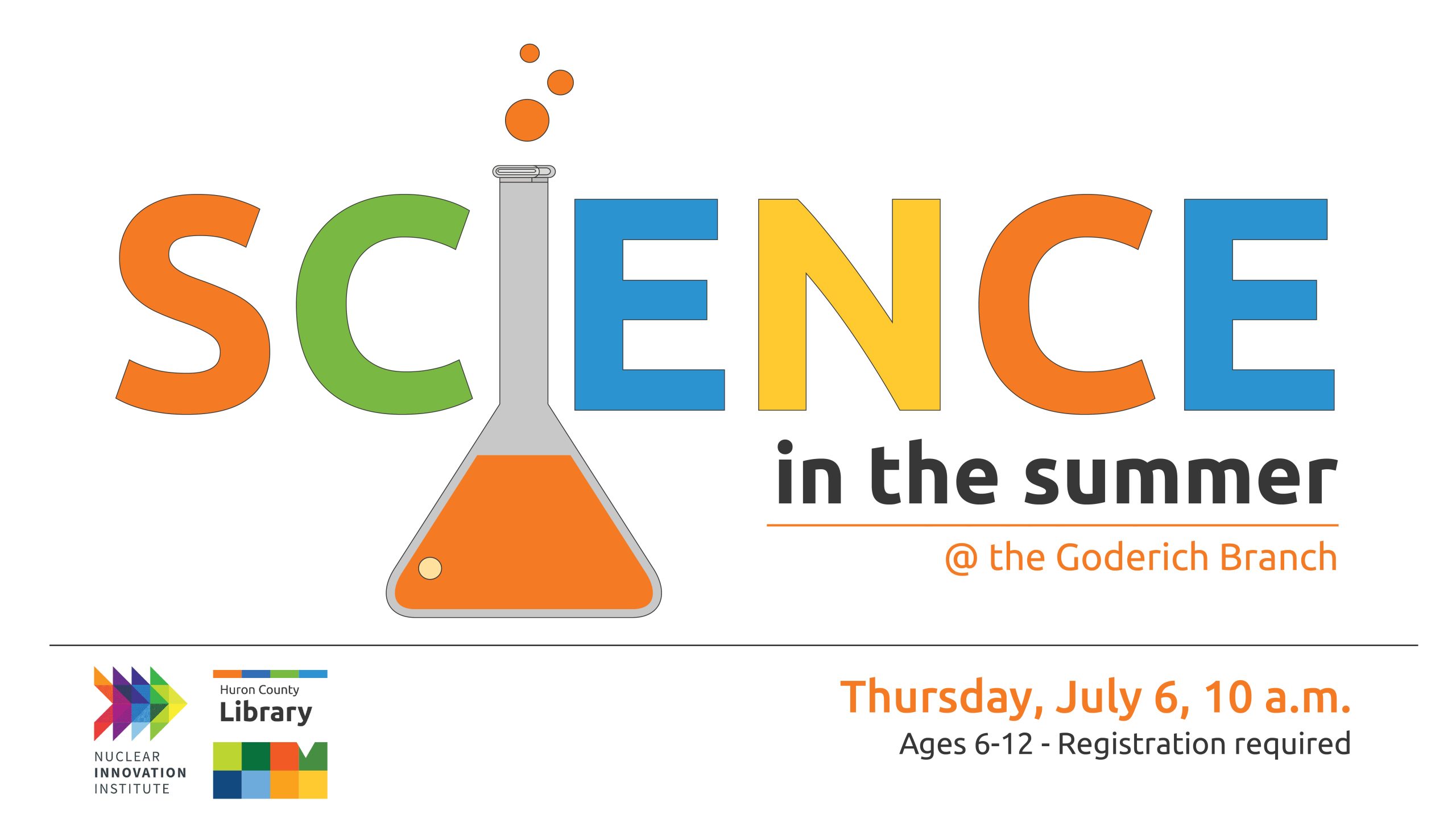 Illustration of a beaker with text promoting Science in the Summer at Goderich Branch