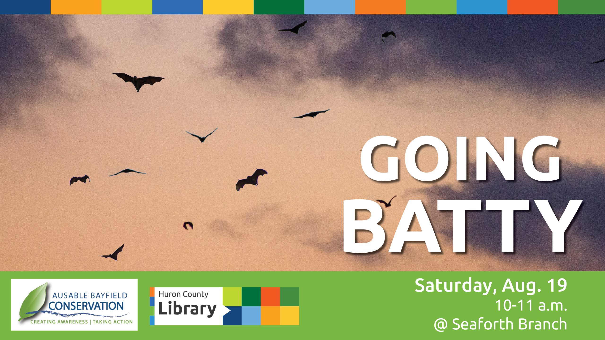 Image of bats flying at sunset with text promoting Going Batty program at Seaforth Branch