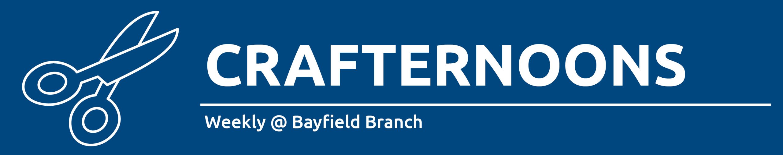 Illustration of a pair of scissors with text promoting Crafternoons at Bayfield Branch