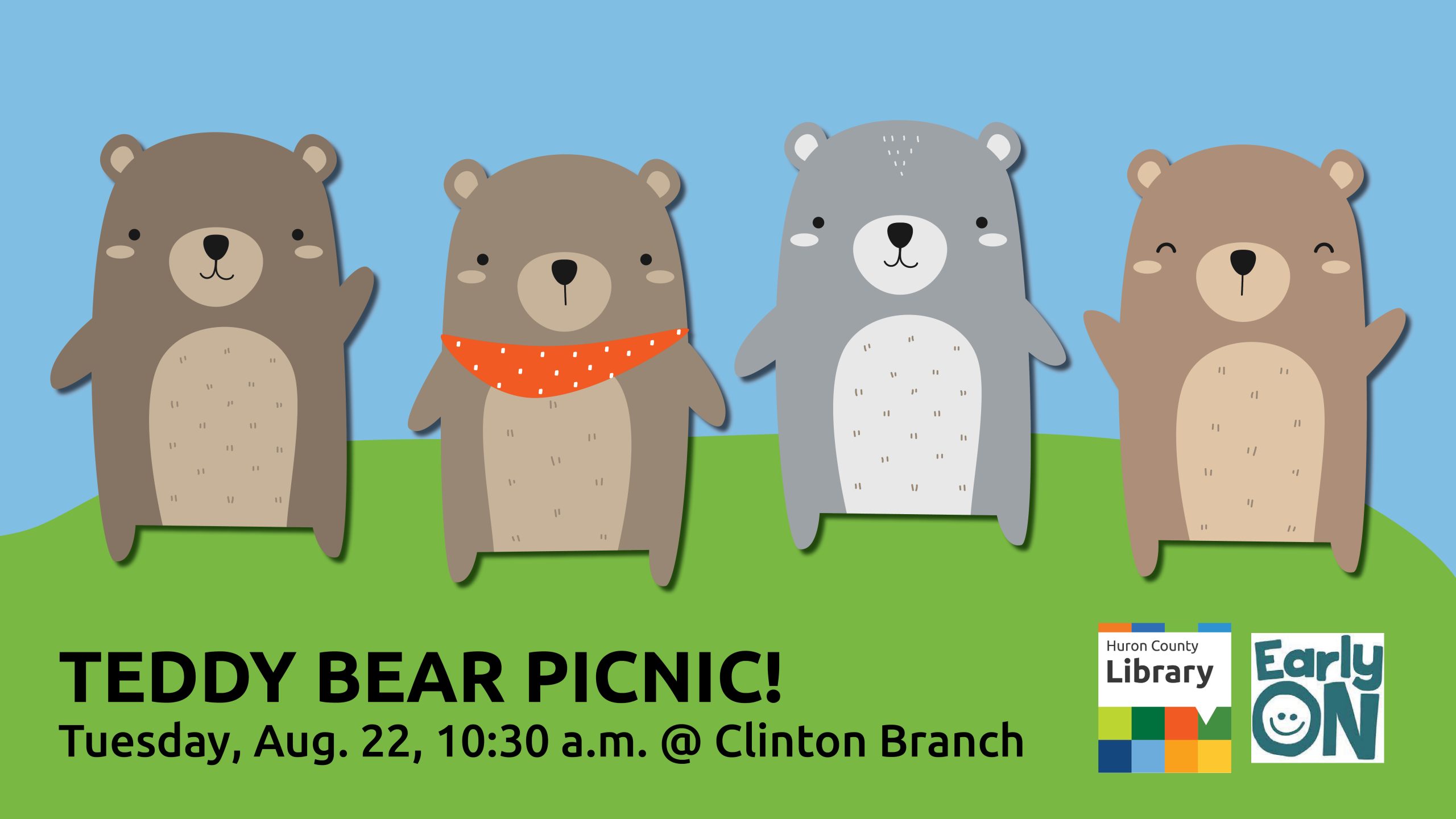 illustration of four teddy bears standing on the grass with text promoting teddy bear picnic at Clinton Branch