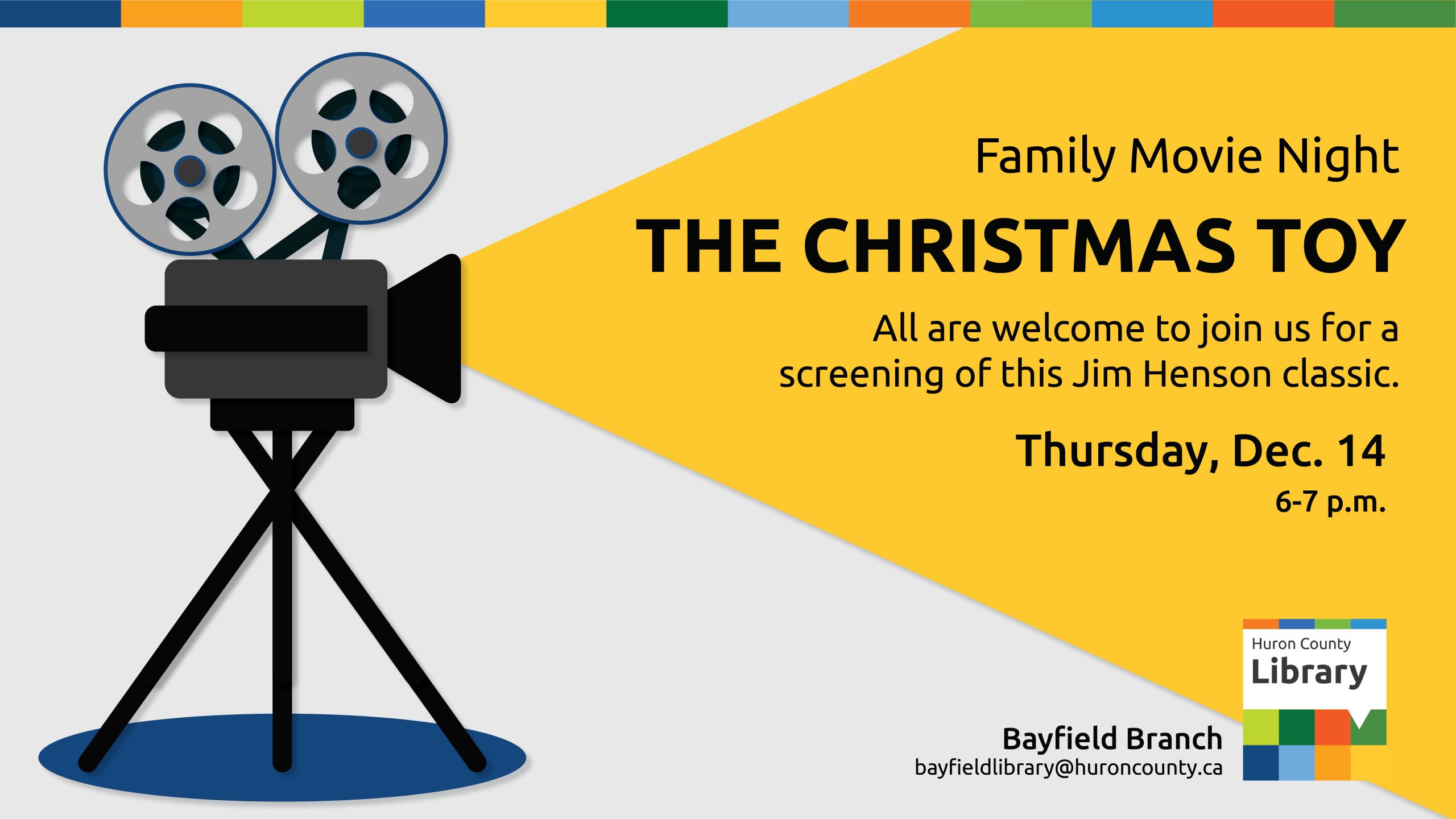 Illustration of a movie projector with text promoting Christmas movie at the Bayfield branch