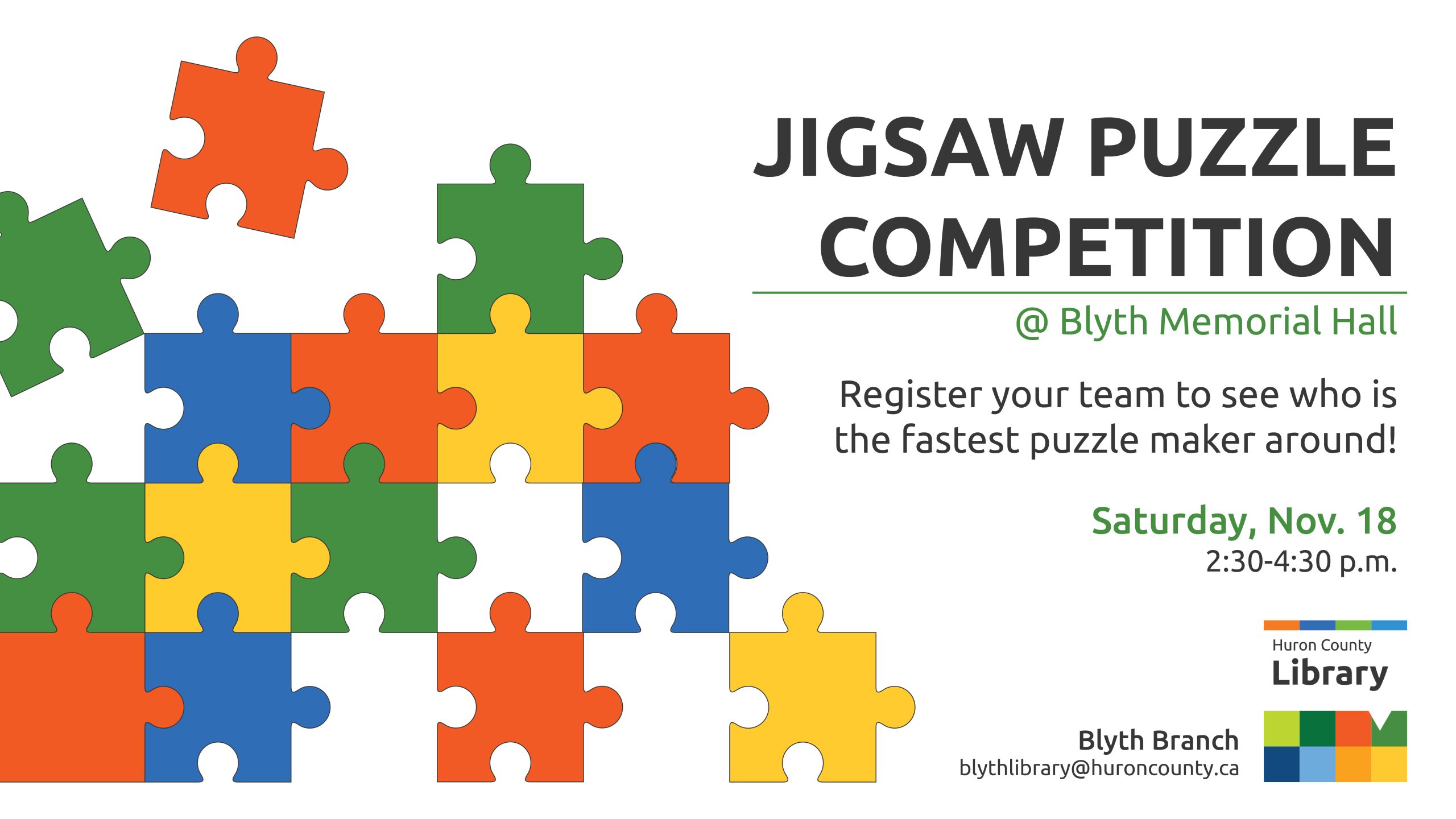 Illustration of puzzle pieces with text promoting puzzle competition in Blyth