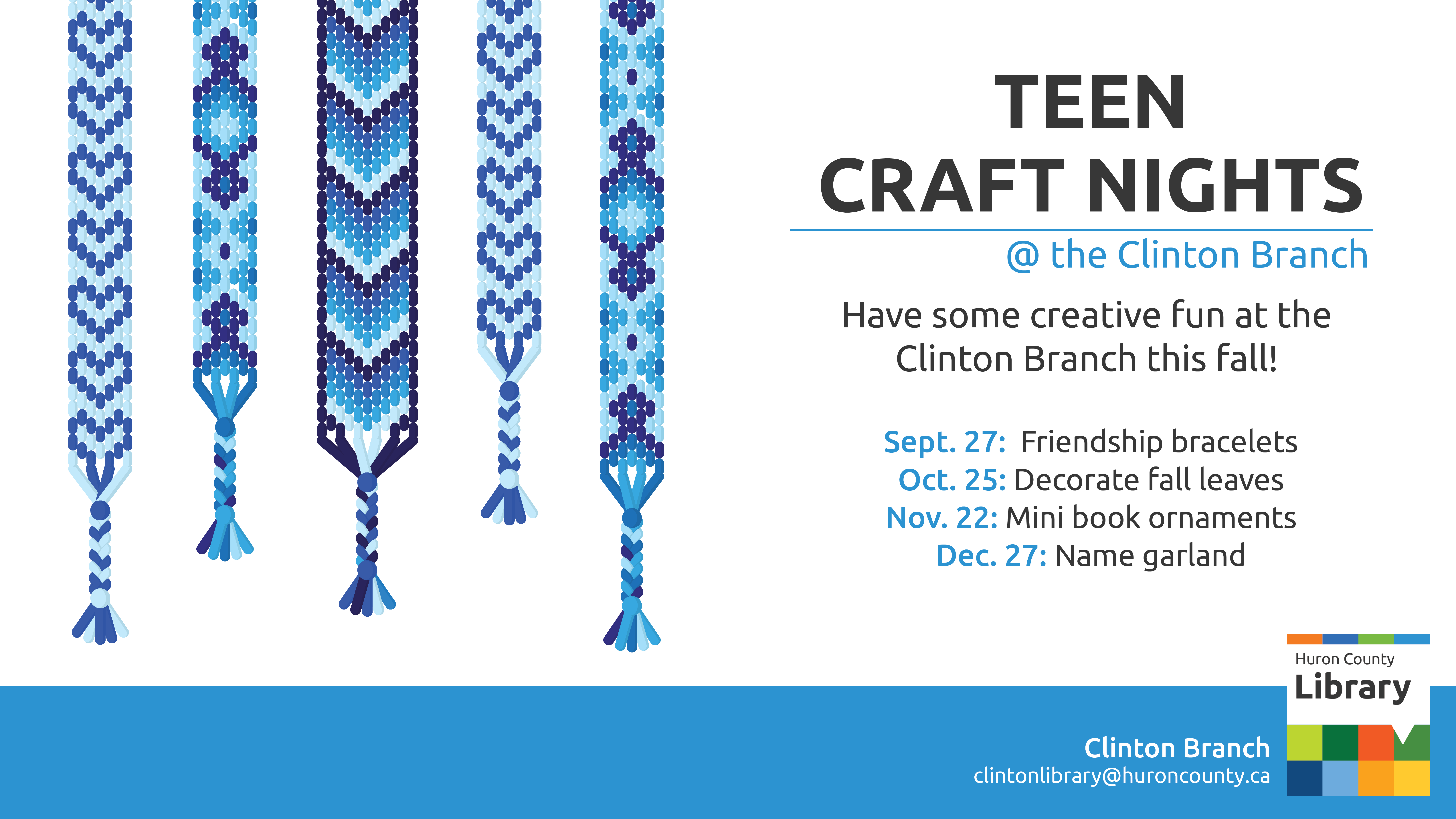 Illustration of friendship bracelets with text promoting teen craft nights at Clinton Branch