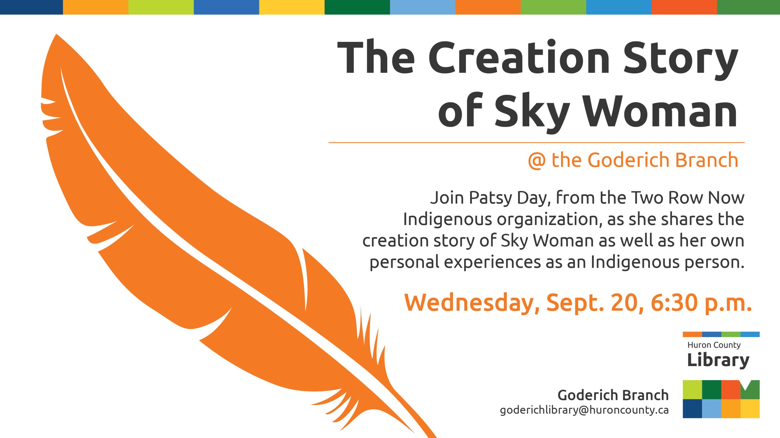 Illustration of an orange feather with text promoting The Creation Story of Sky Woman event at Goderich Branch