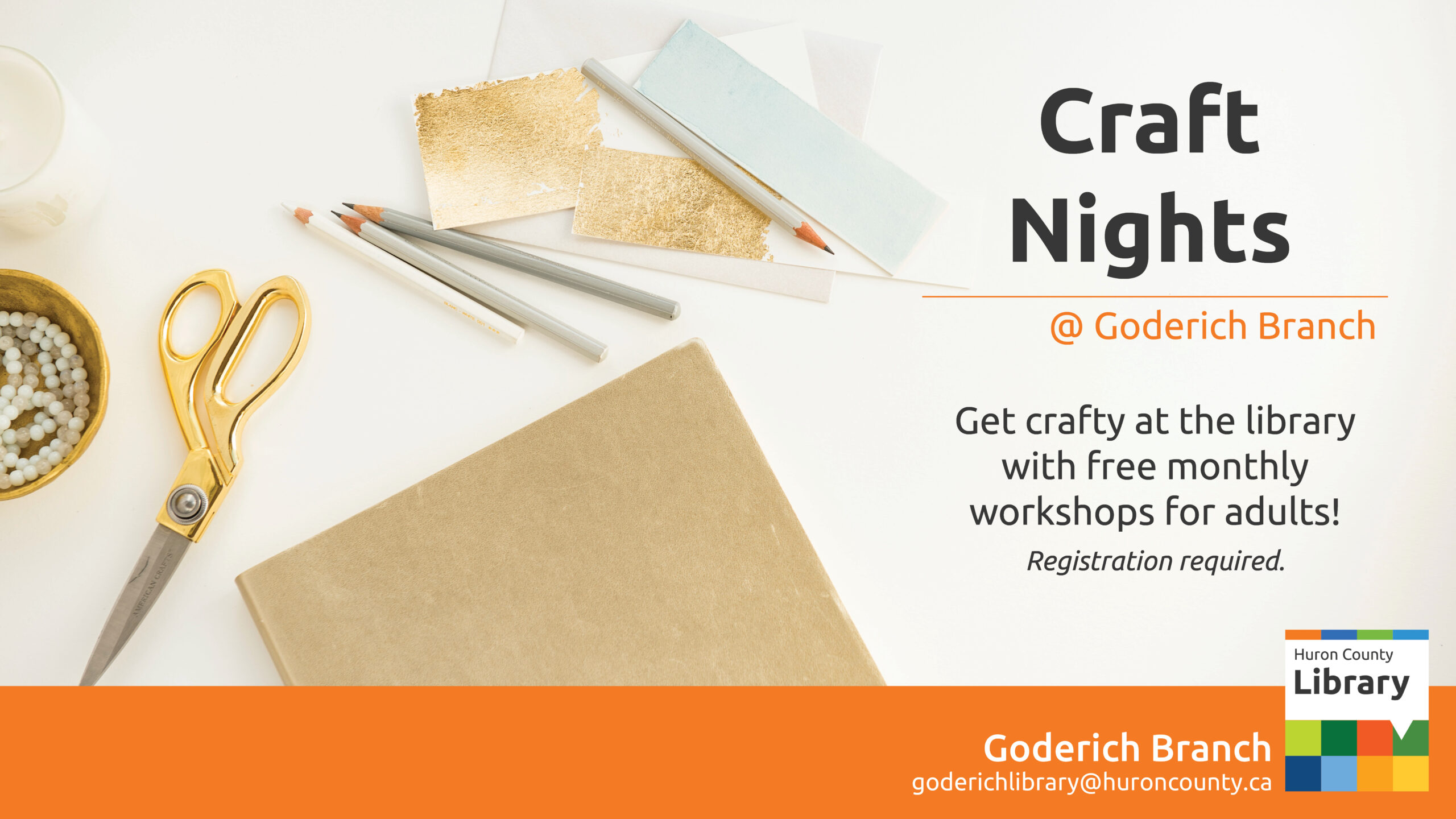 Photo of craft supplies with text promoting craft nights at Goderich