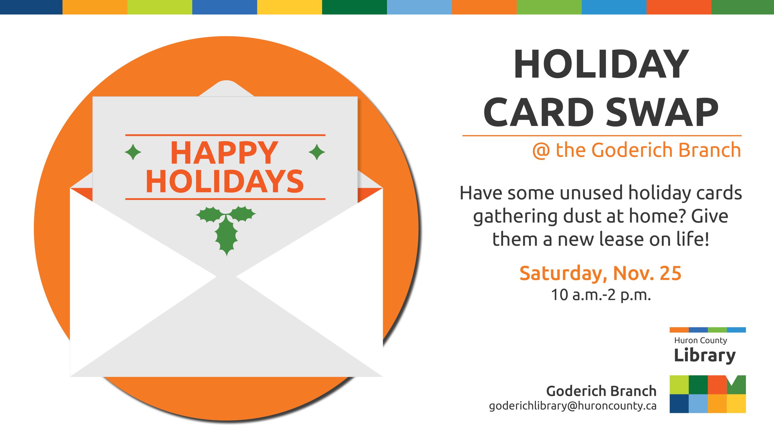 Illustration of a holiday card in an envelope with text promoting Holiday Card Swap at the Goderich Branch
