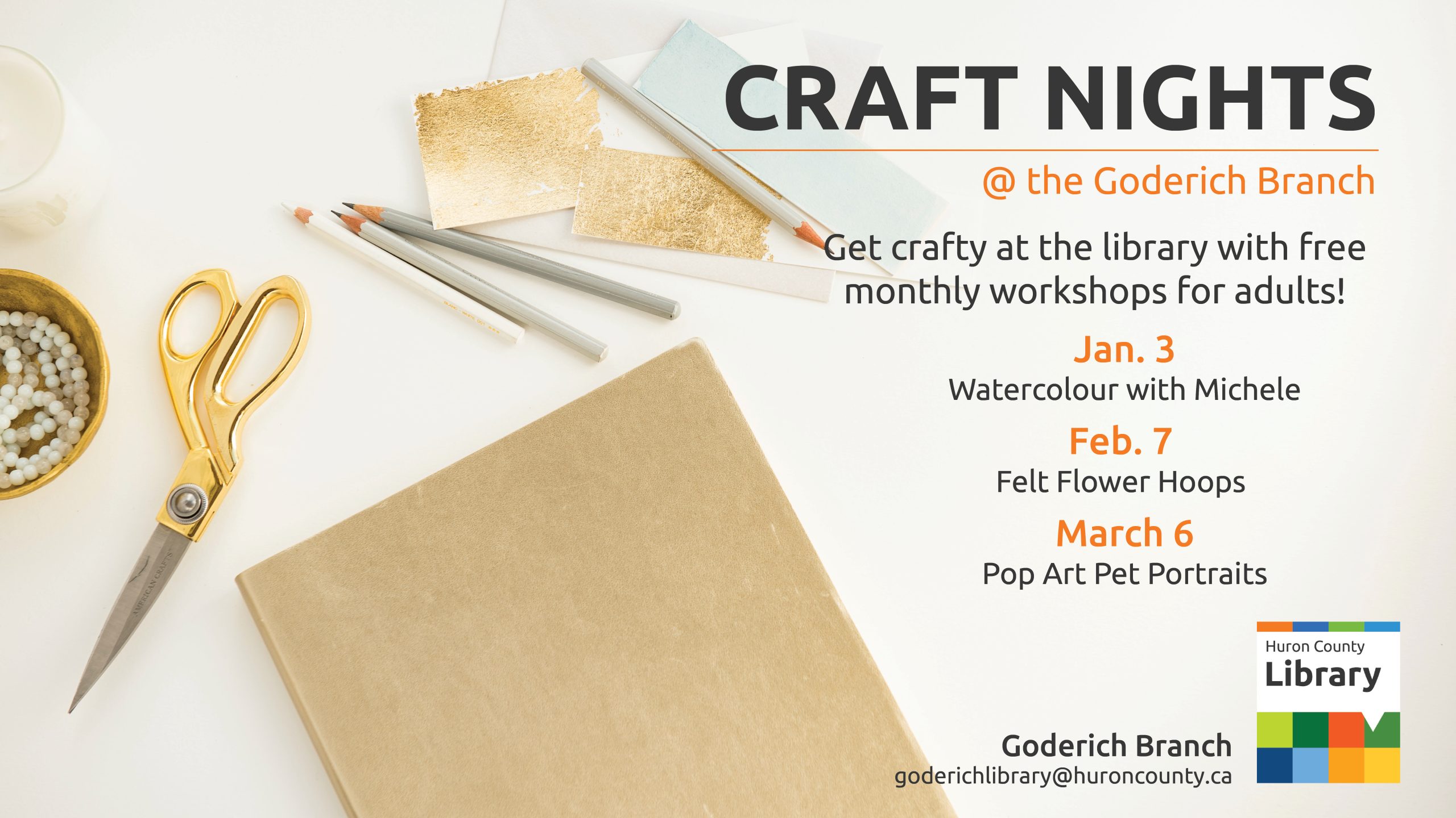 Photo of craft supplies with text promoting adult craft nights at Goderich