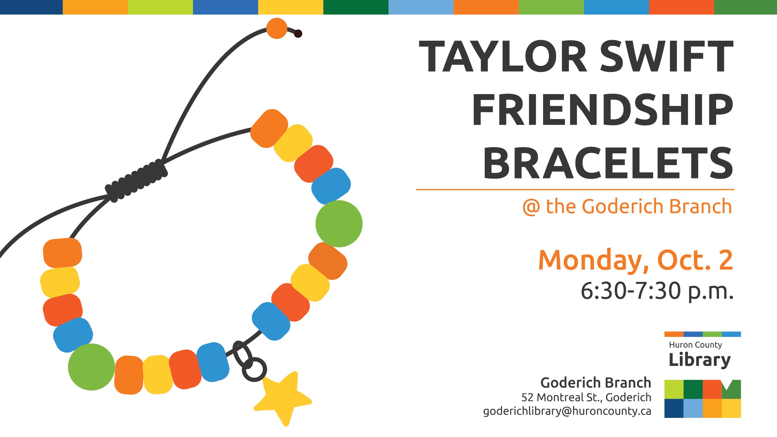 Illustration of a colourful beaded bracelet with text promoting Taylor Swift friendship bracelet workshop at Goderich branch
