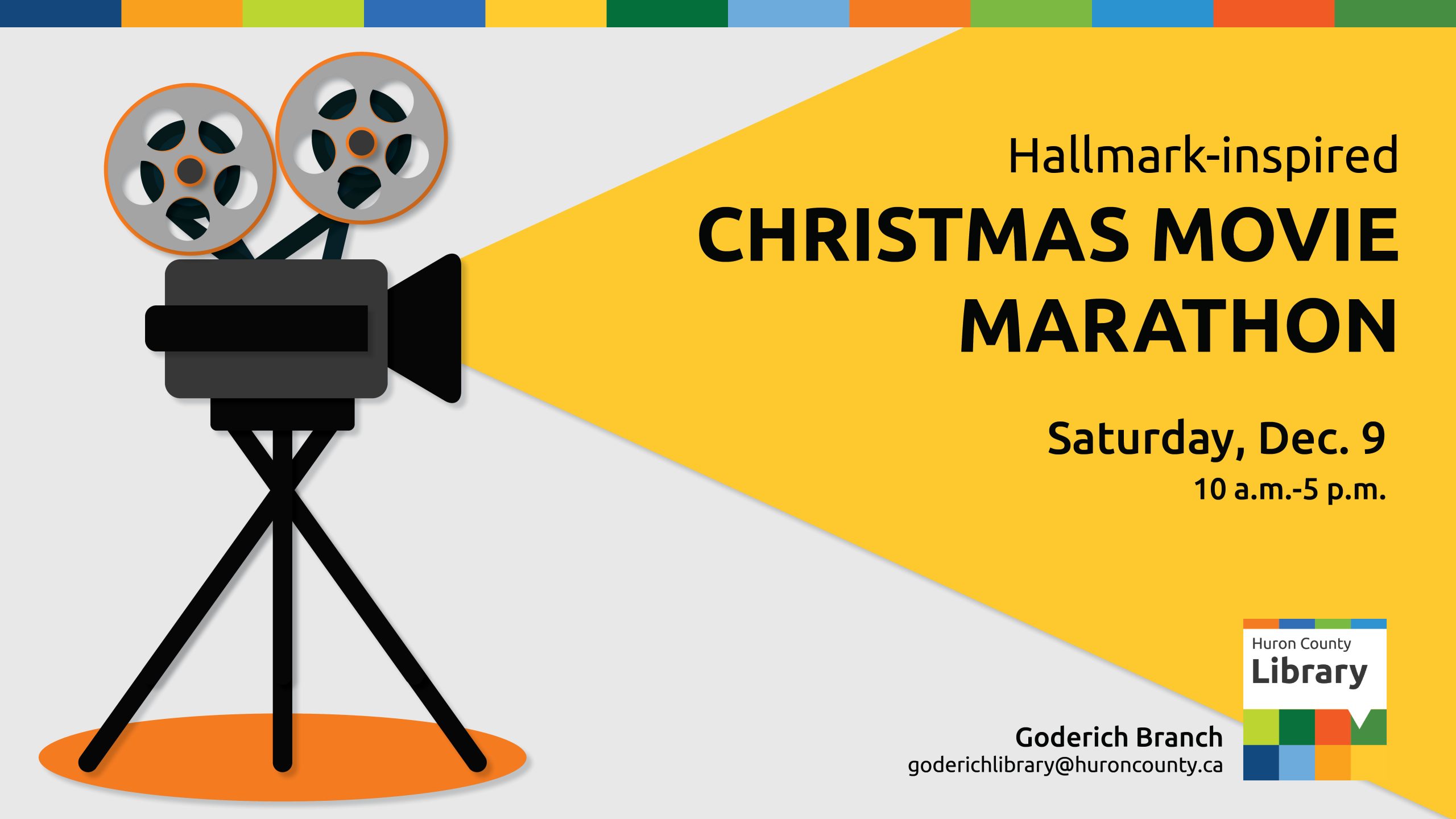 Illustration of a movie projector with text promoting Christmas movie marathon at the Goderich Branch