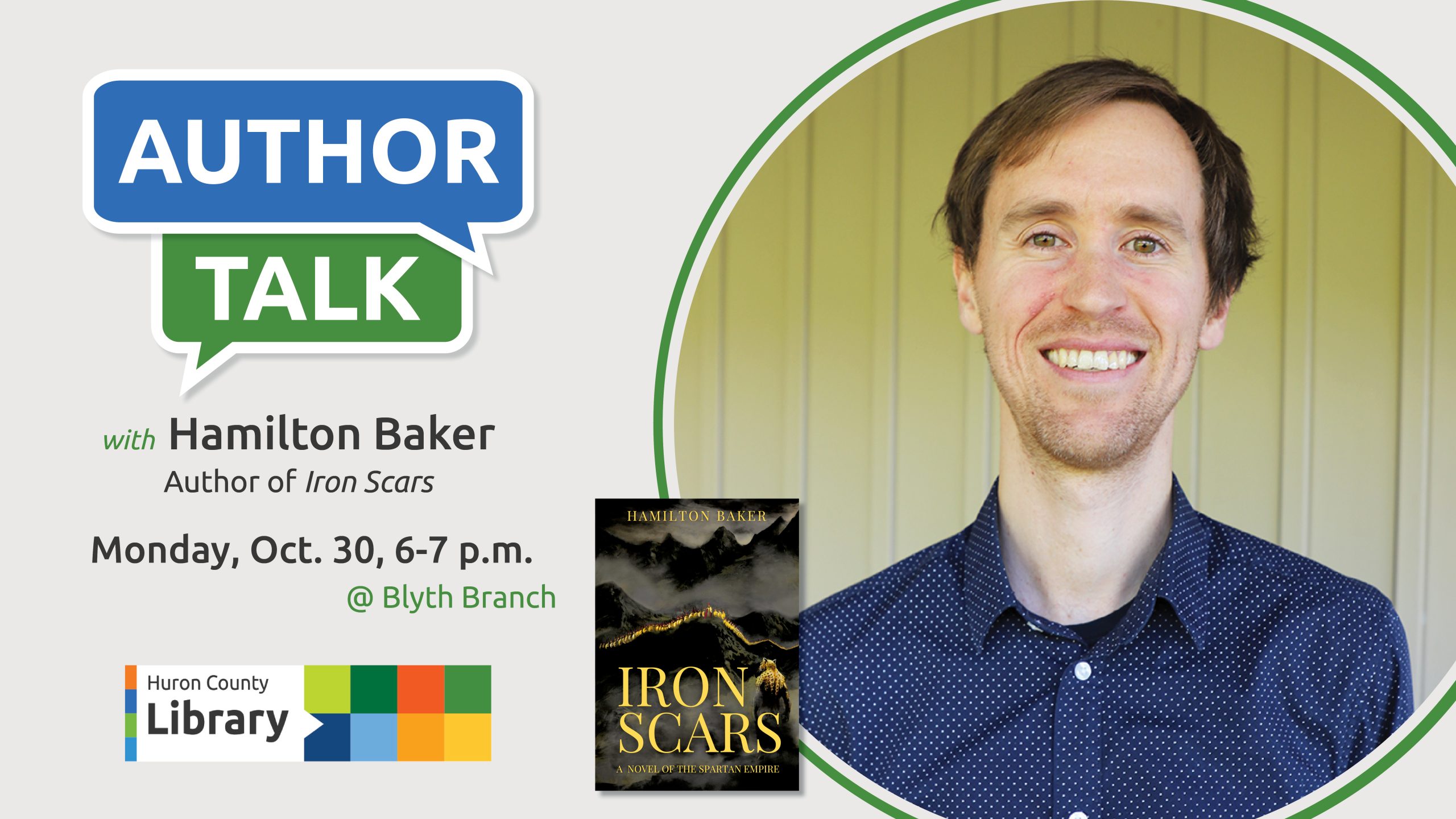 Photo of author Hamilton Baker and the cover of his book with text promoting author talk at Blyth