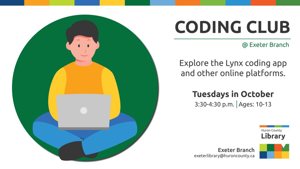 Illustration of a young man working on a laptop with text promoting Coding Club at Exeter Branch