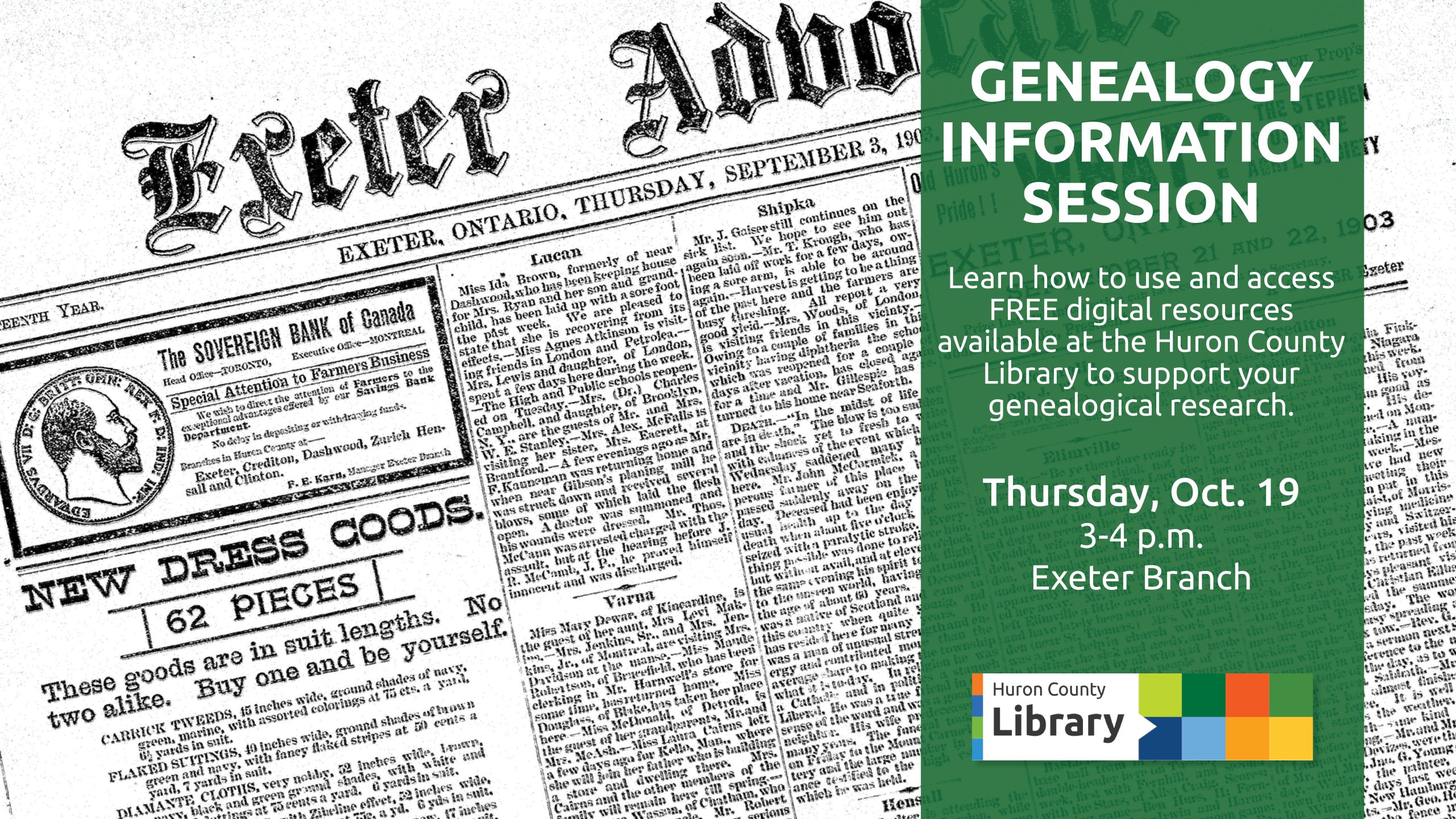 Image of the front cover of the Exeter Advocate, 1903. with text promoting genealogy info session at Exeter branch