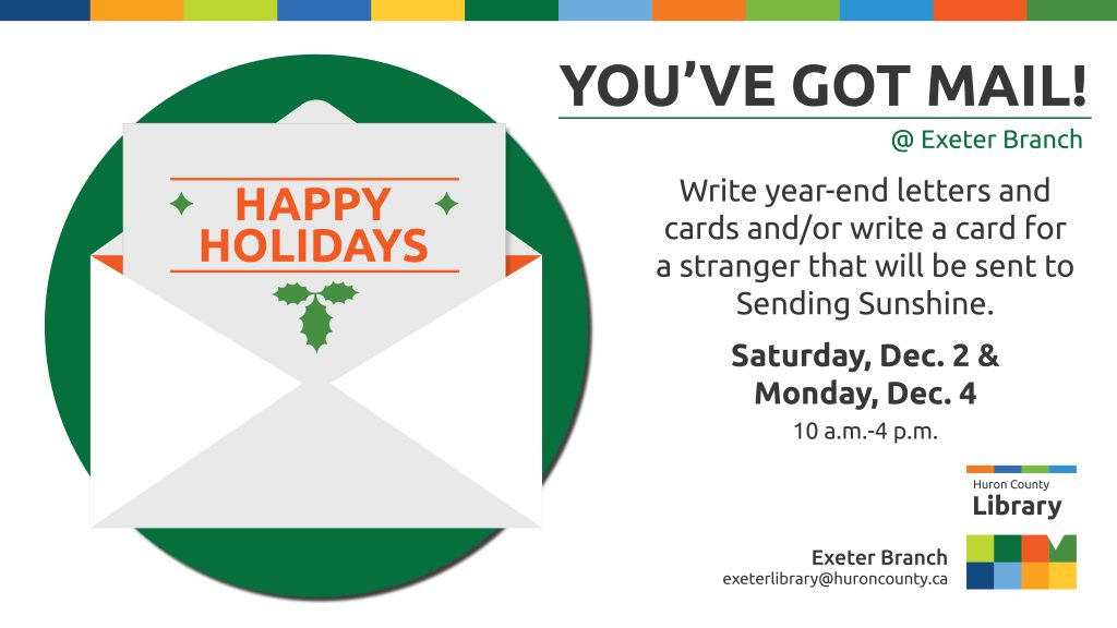 Illustration of a holiday card in an envelope with text promoting letter writing at Exeter Branch