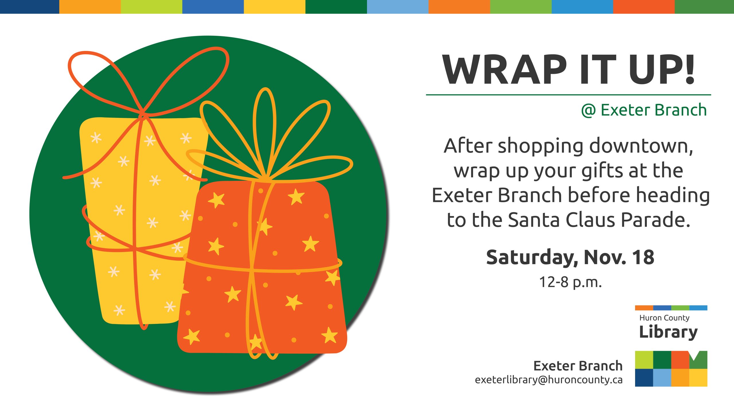 Illustration of wrapped Christmas presents with text promoting Wrap it up at Exeter branch