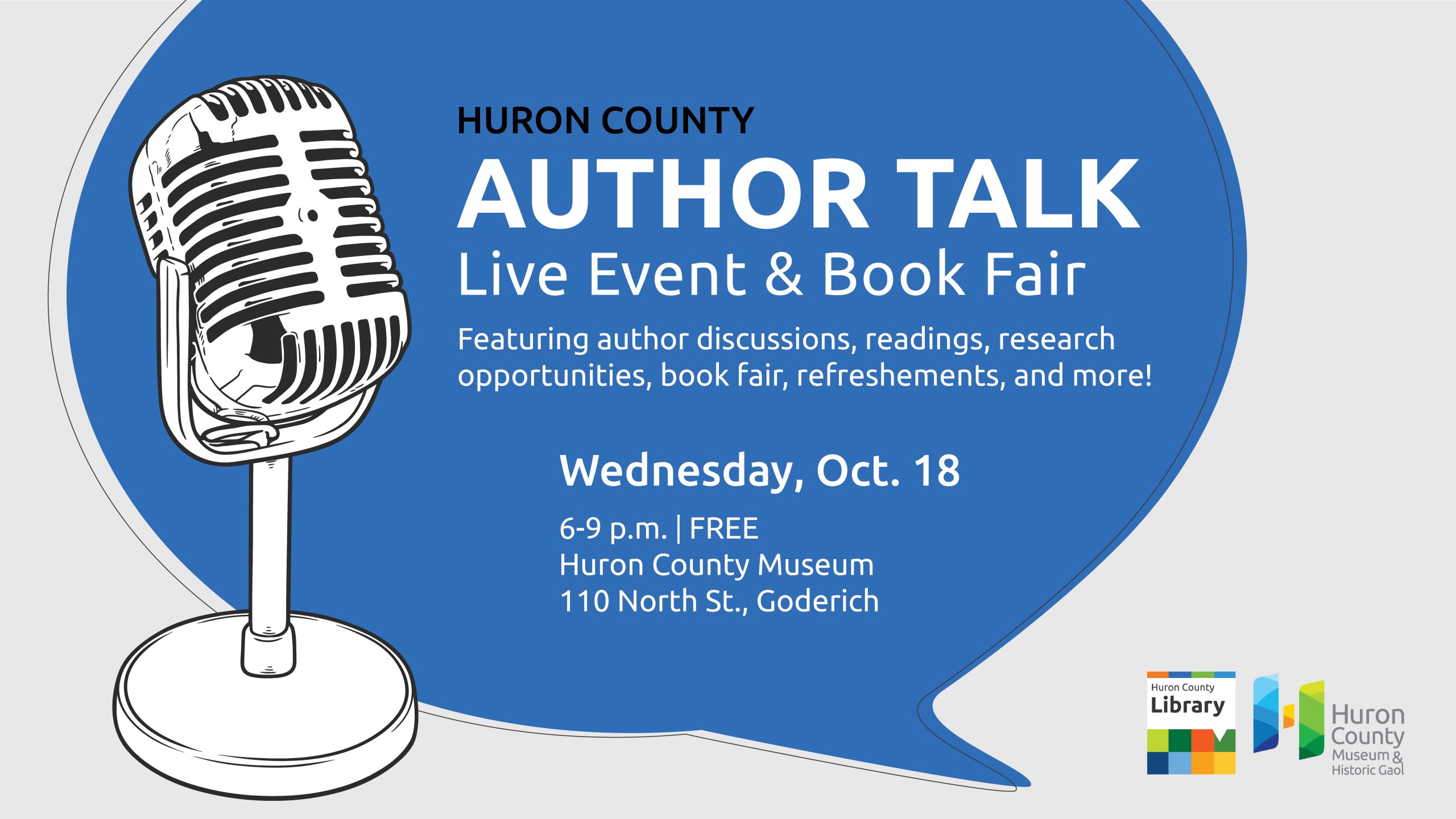 Large blue speech bubble with an illustration of a microphone and text promoting Author Talk live event at the Huron County Museum