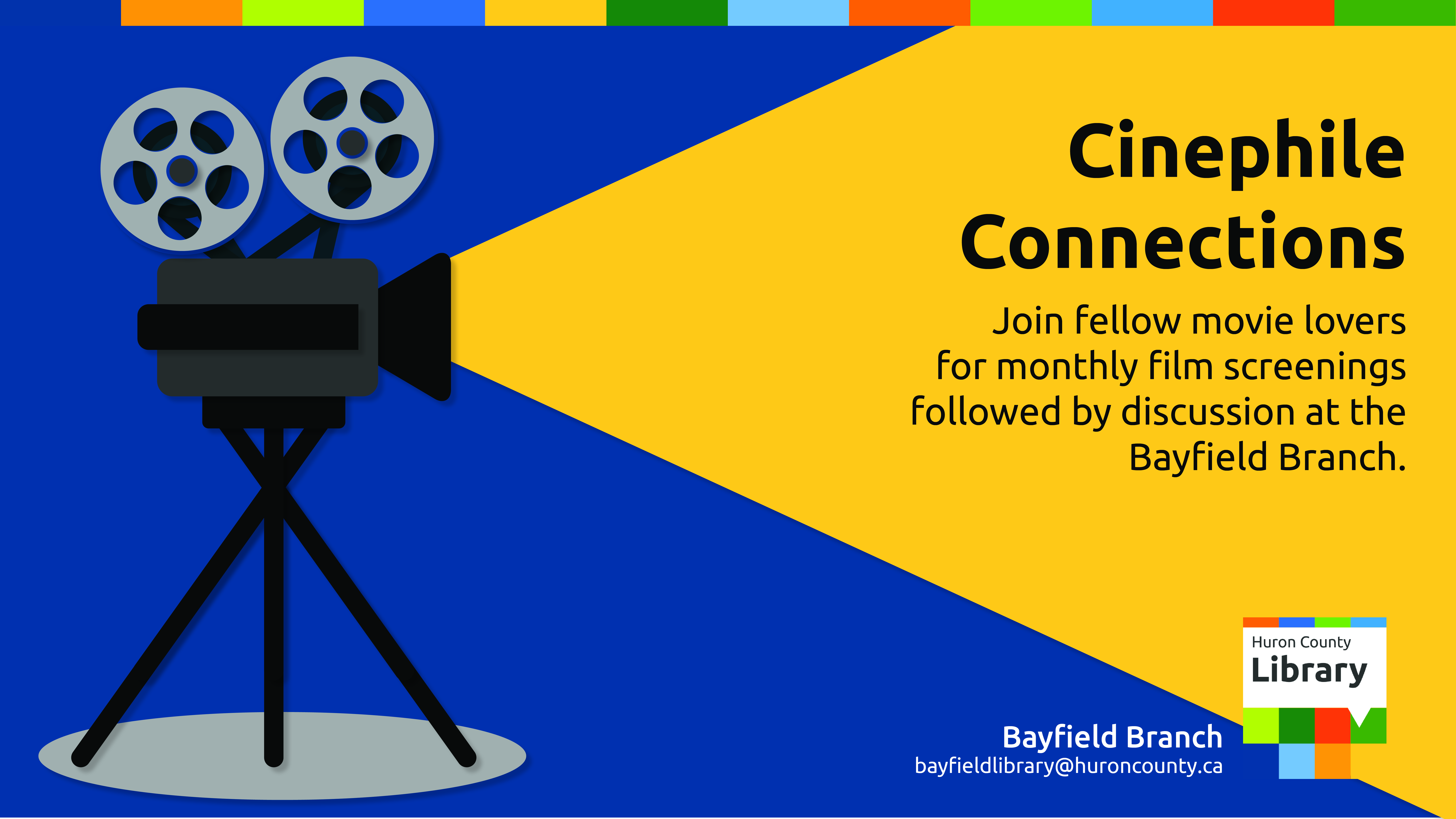 Illustration of a film projector with text promoting Cinephile Connections at Bayfield