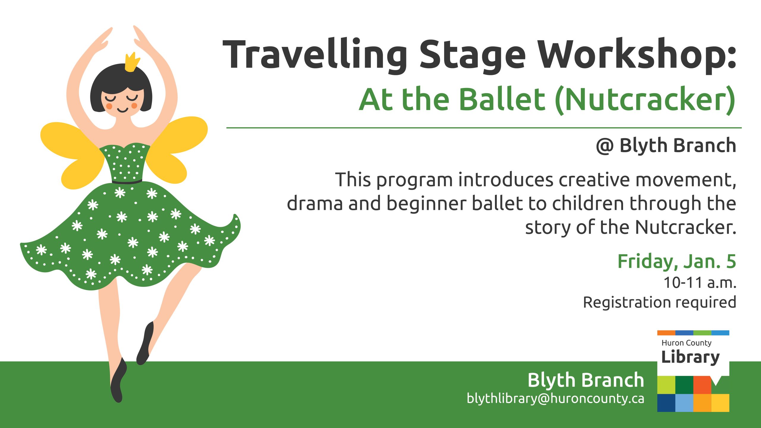 Illustration of a ballerina with text promoting workshop at Blyth Branch