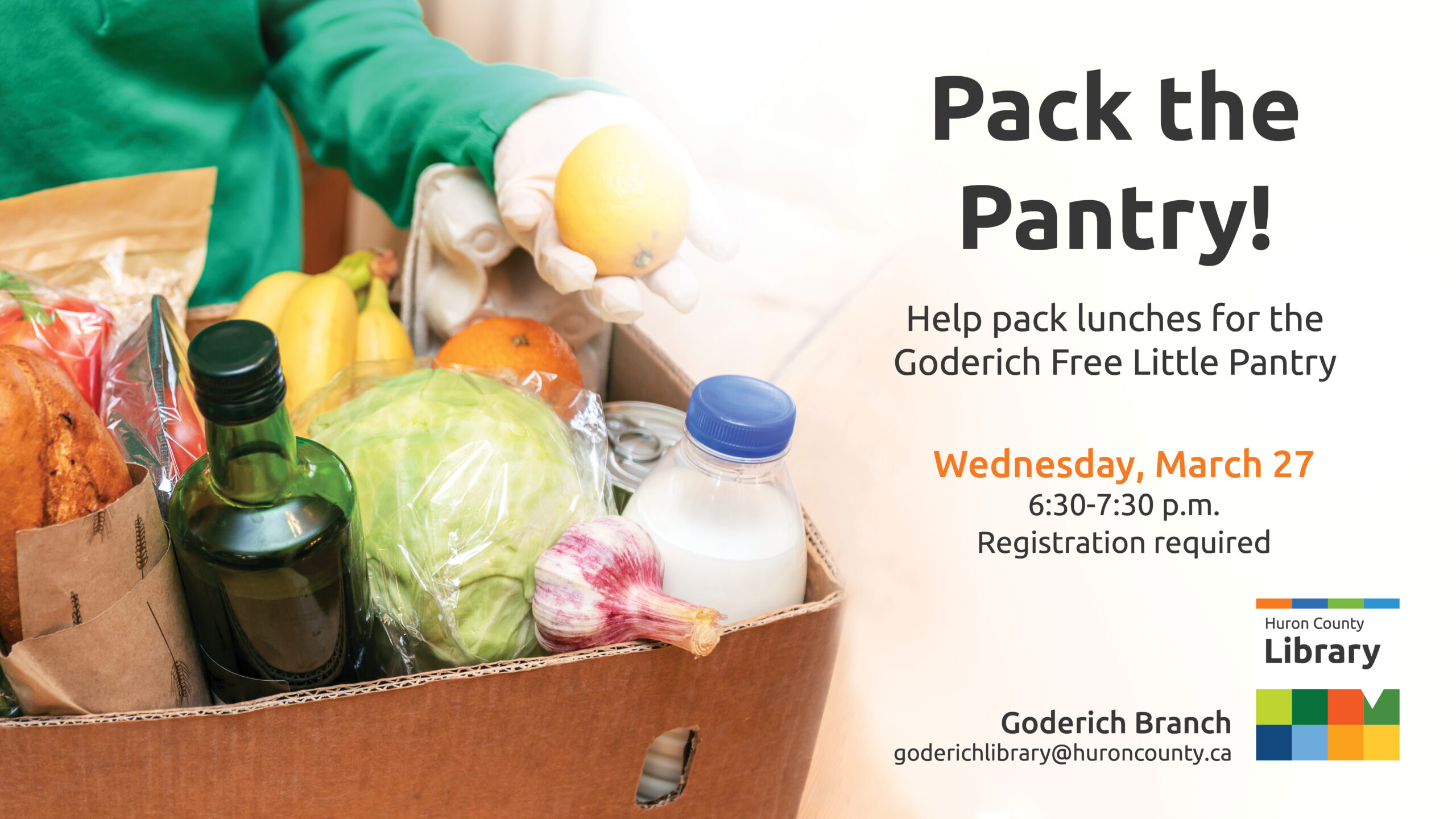 Photo of a box of food with text promoting Pack the Pantry at Goderich Branch