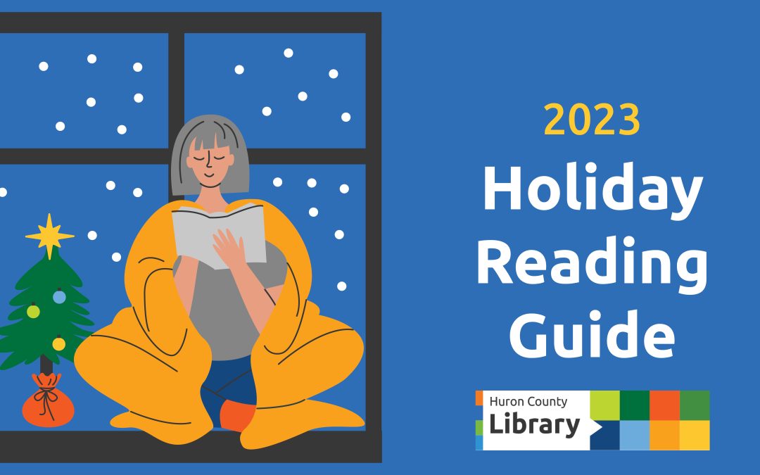 Illustration of a woman sitting in a window reading a book. Beside her is a small Christmas tree and out the window the snow is falling. Text promoted Holiday Reading Guide