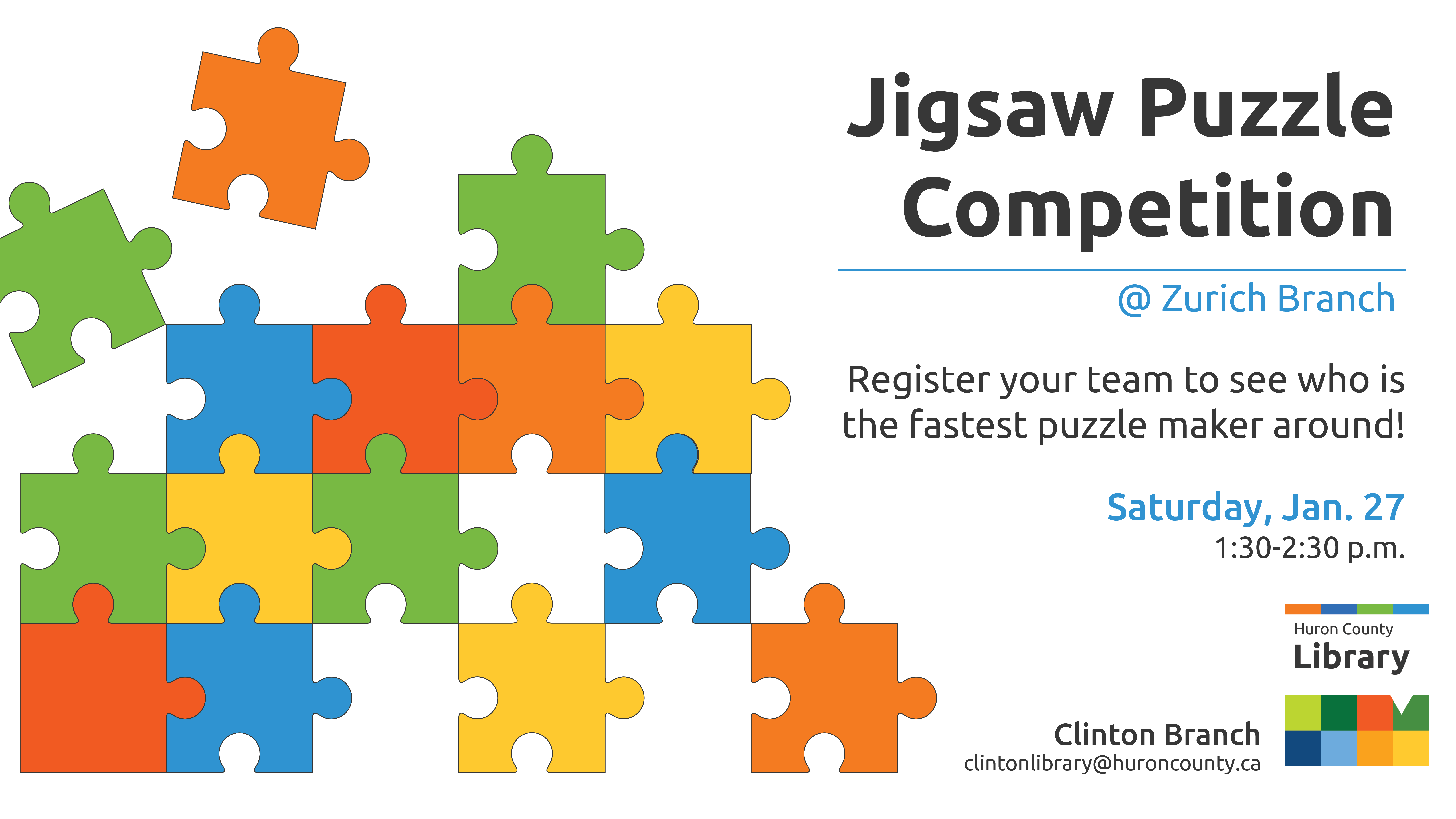 Illustration of puzzle pieces with text promoting puzzle competition at Zurich branch