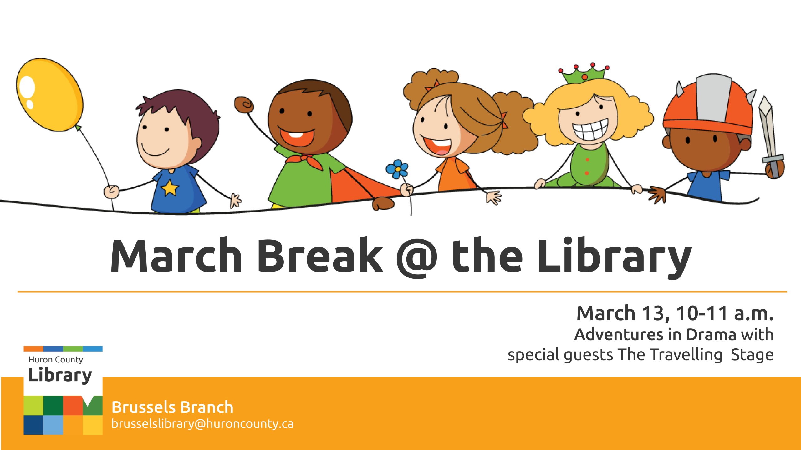 -Illustration of kids having fun with text promoting march break at the Brussels branch
