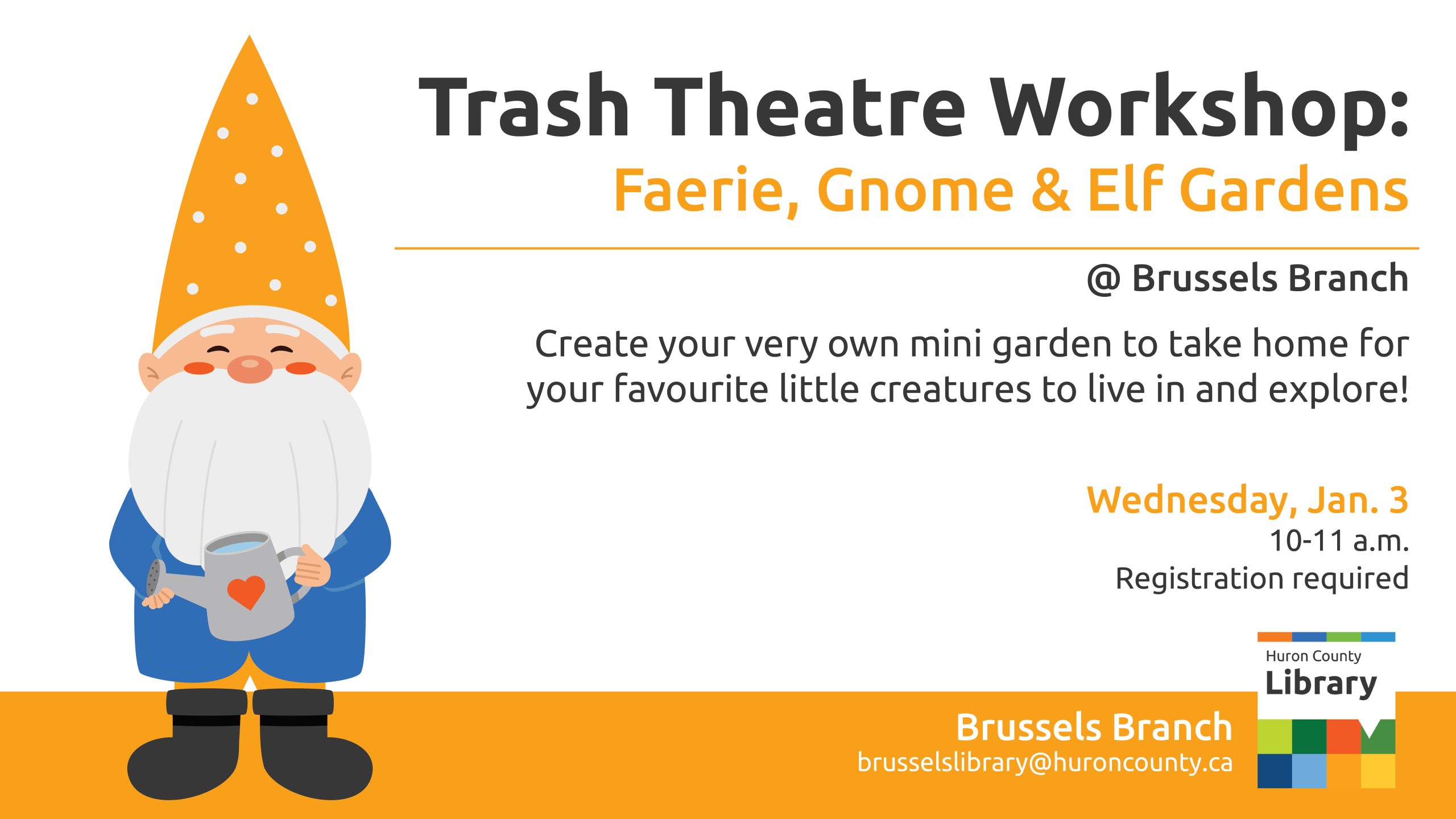 Illustration of a gnome with text promoting workshop at Brussels Branch