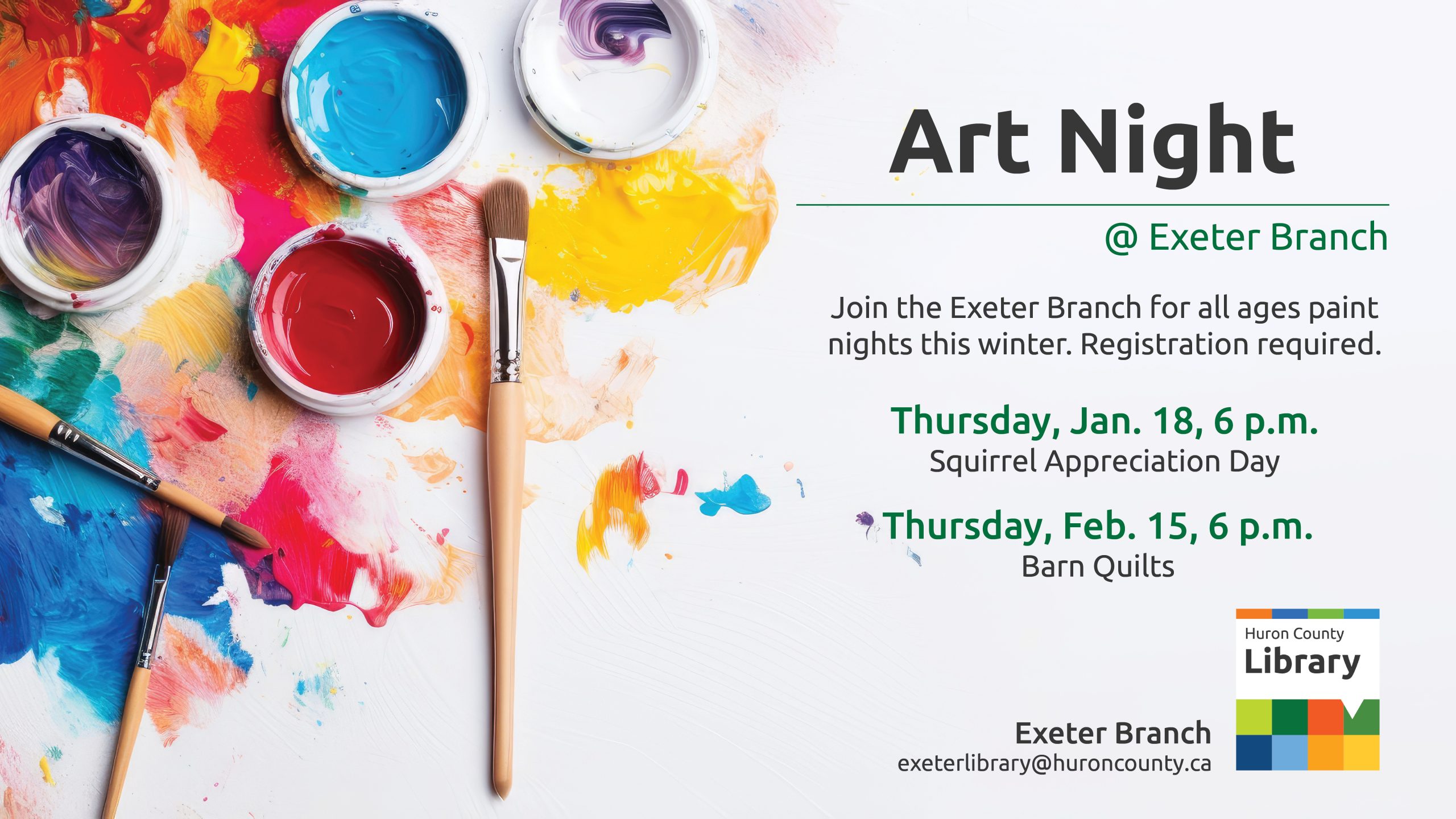 Photo of paint and brushes with text promoting art night at Exeter branch