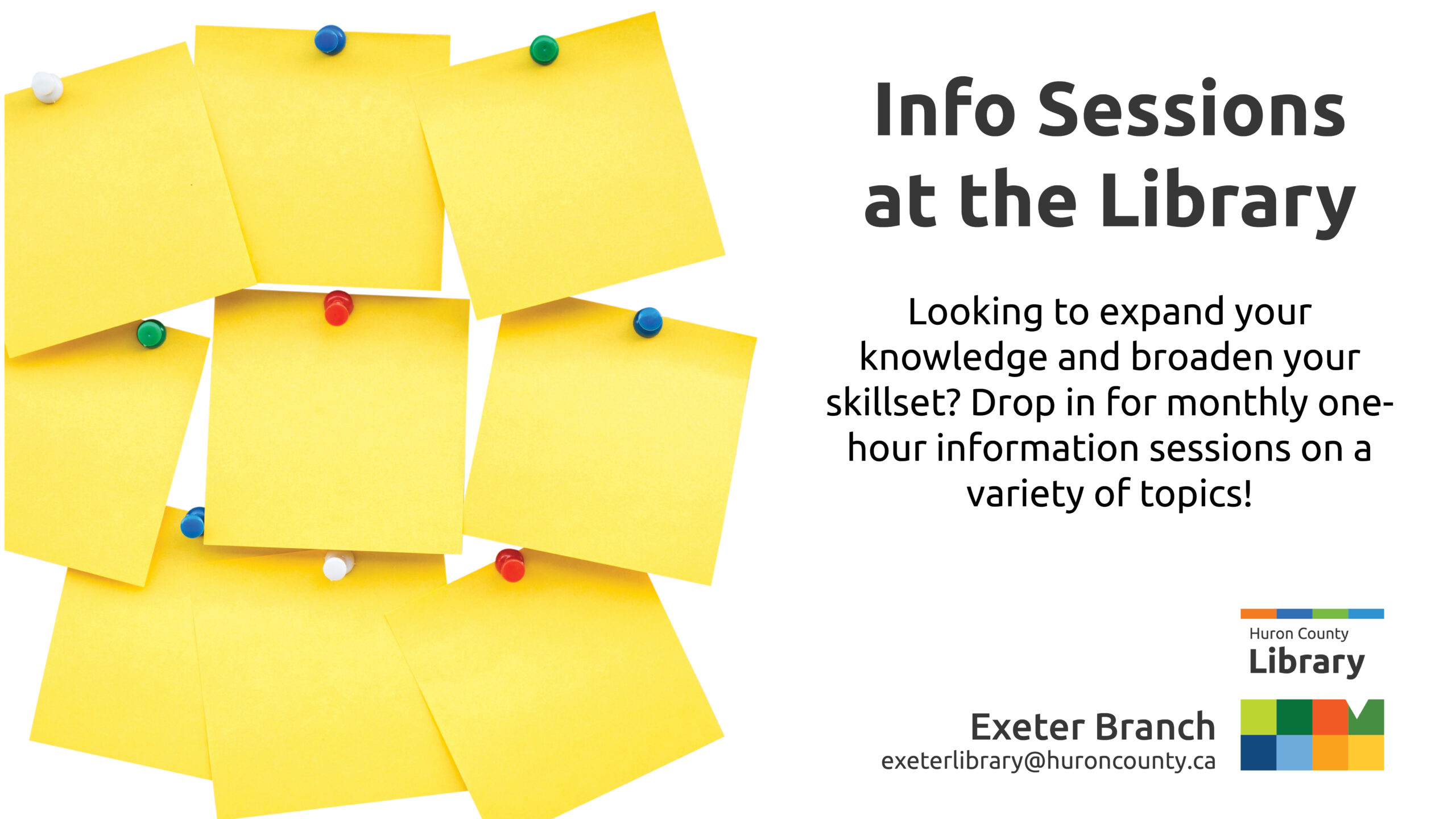 Image of yellow post-it notes with text promoting information sessions at Exeter