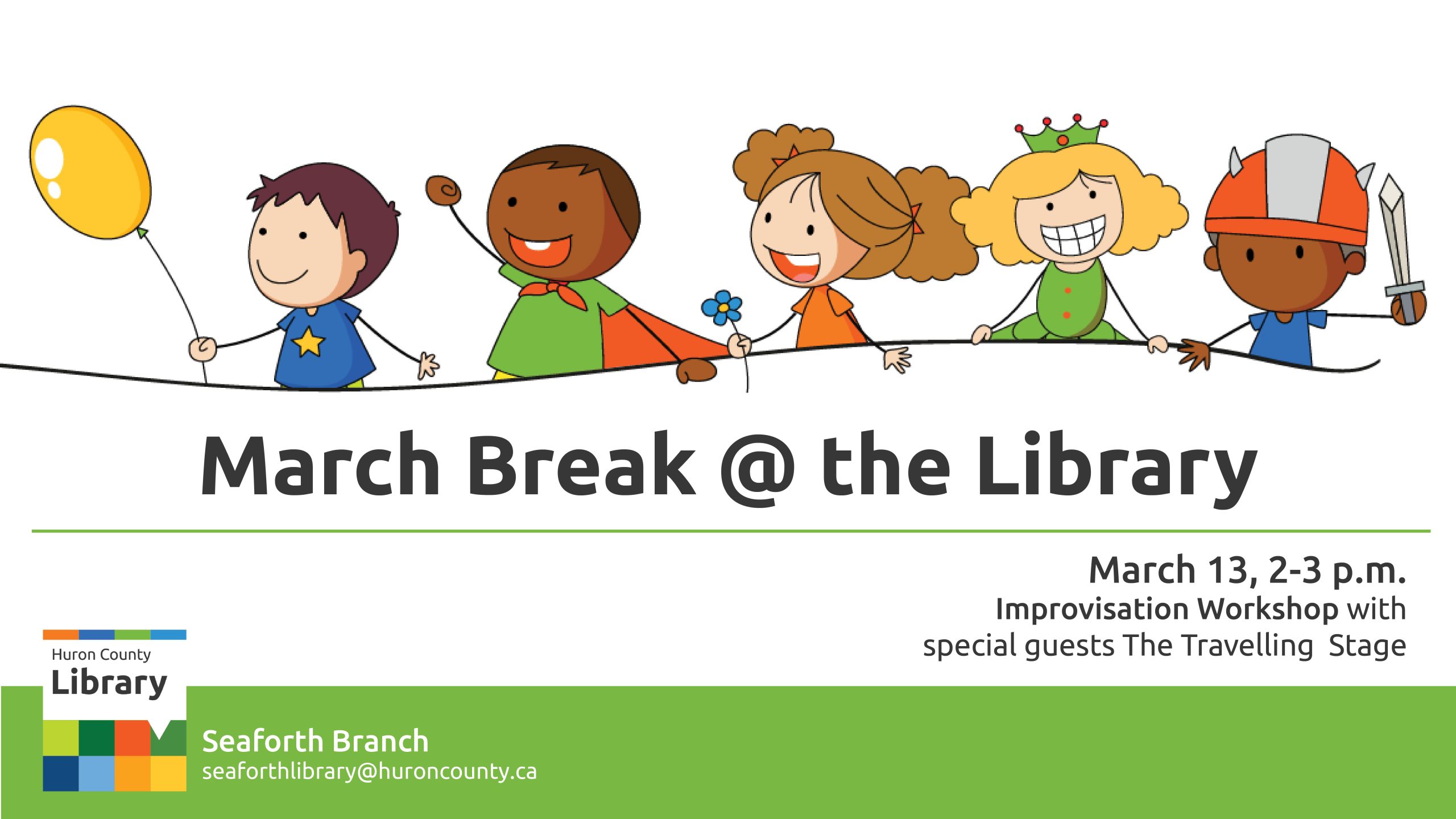 -Illustration of kids having fun with text promoting march break at the Seaforth branch