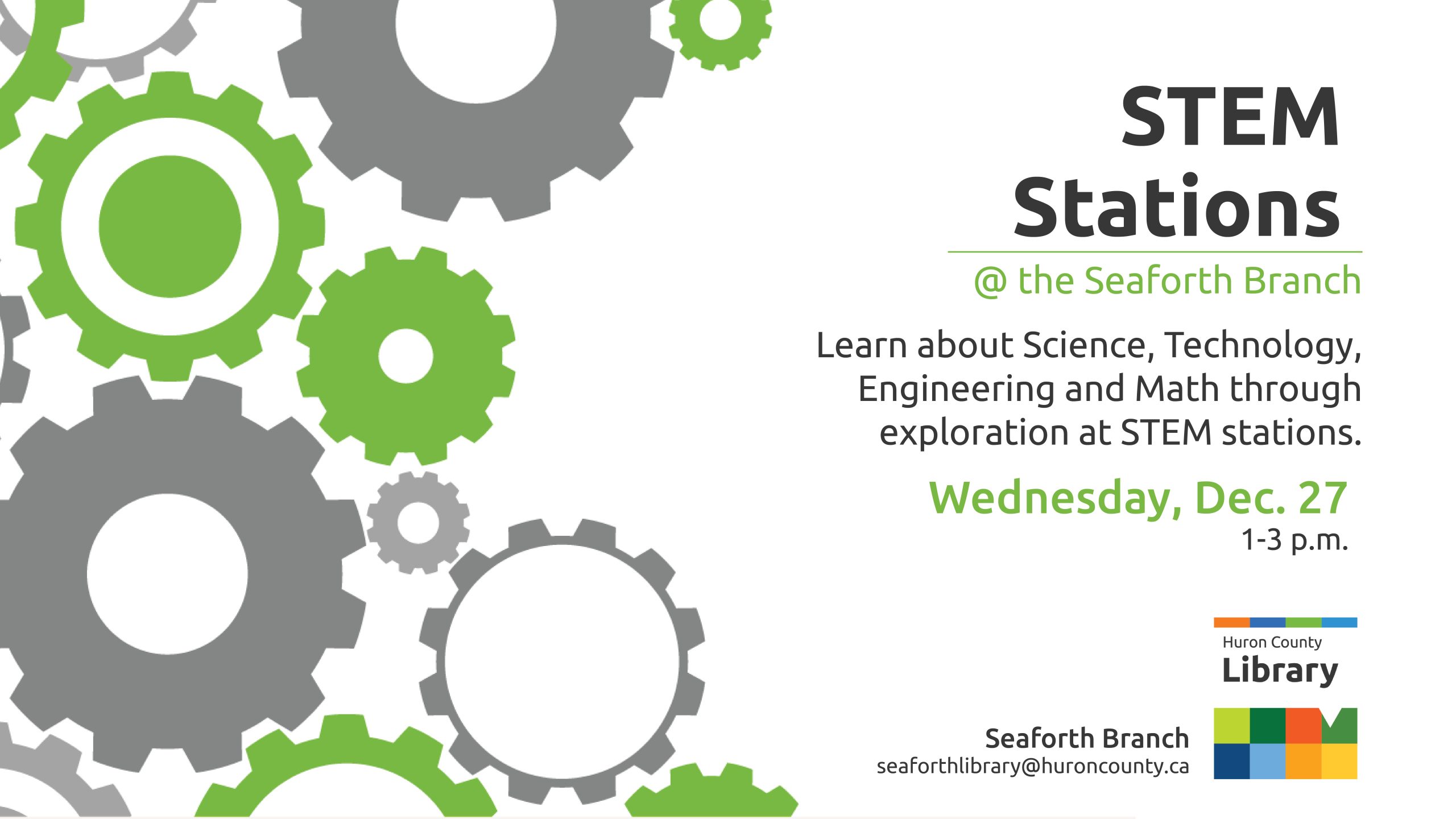 Illustration of gears with text promoting STEM stations at Seaforth Branch