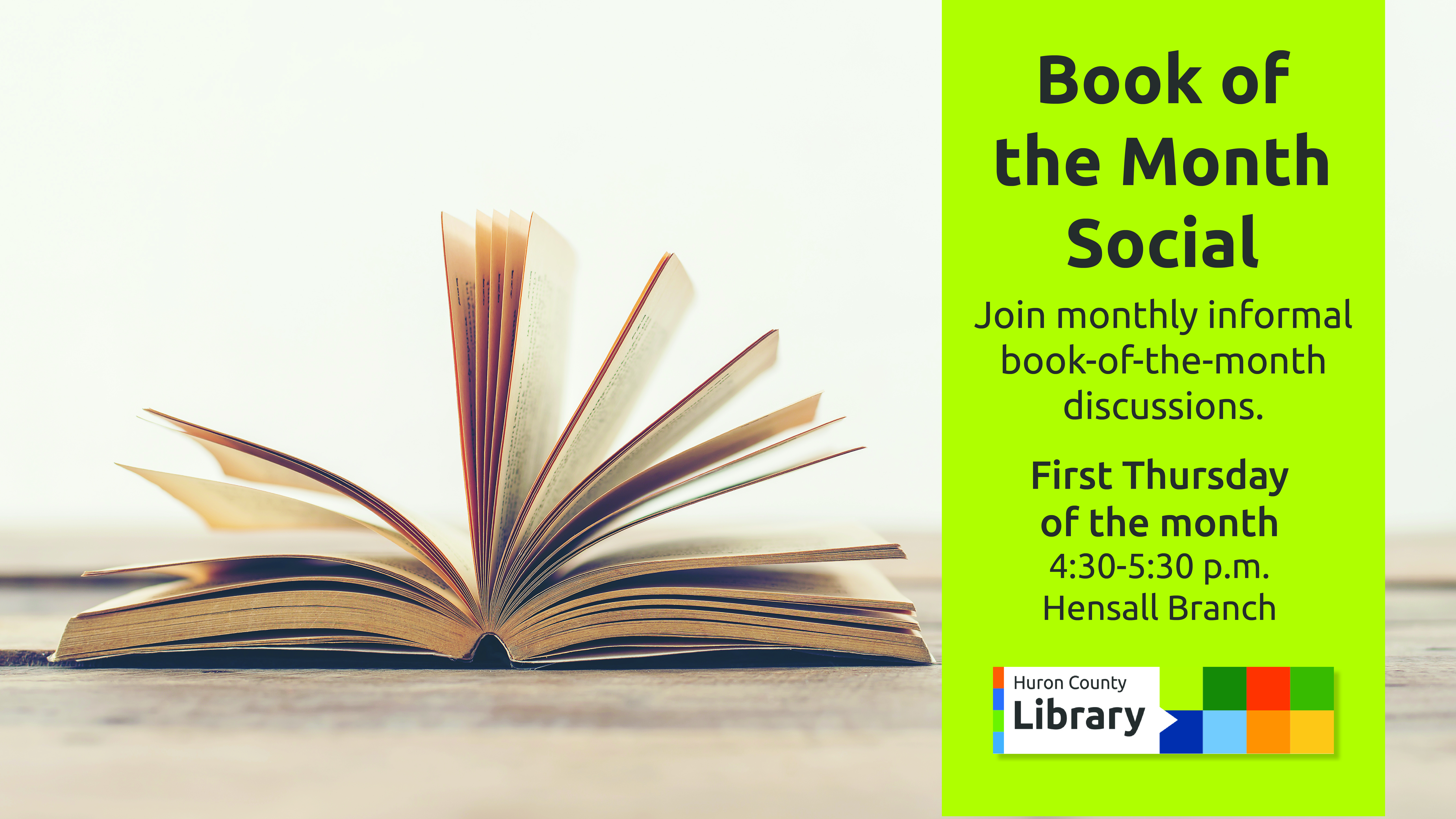 Image of an open book with text promoting Book of the Month social at Hensall