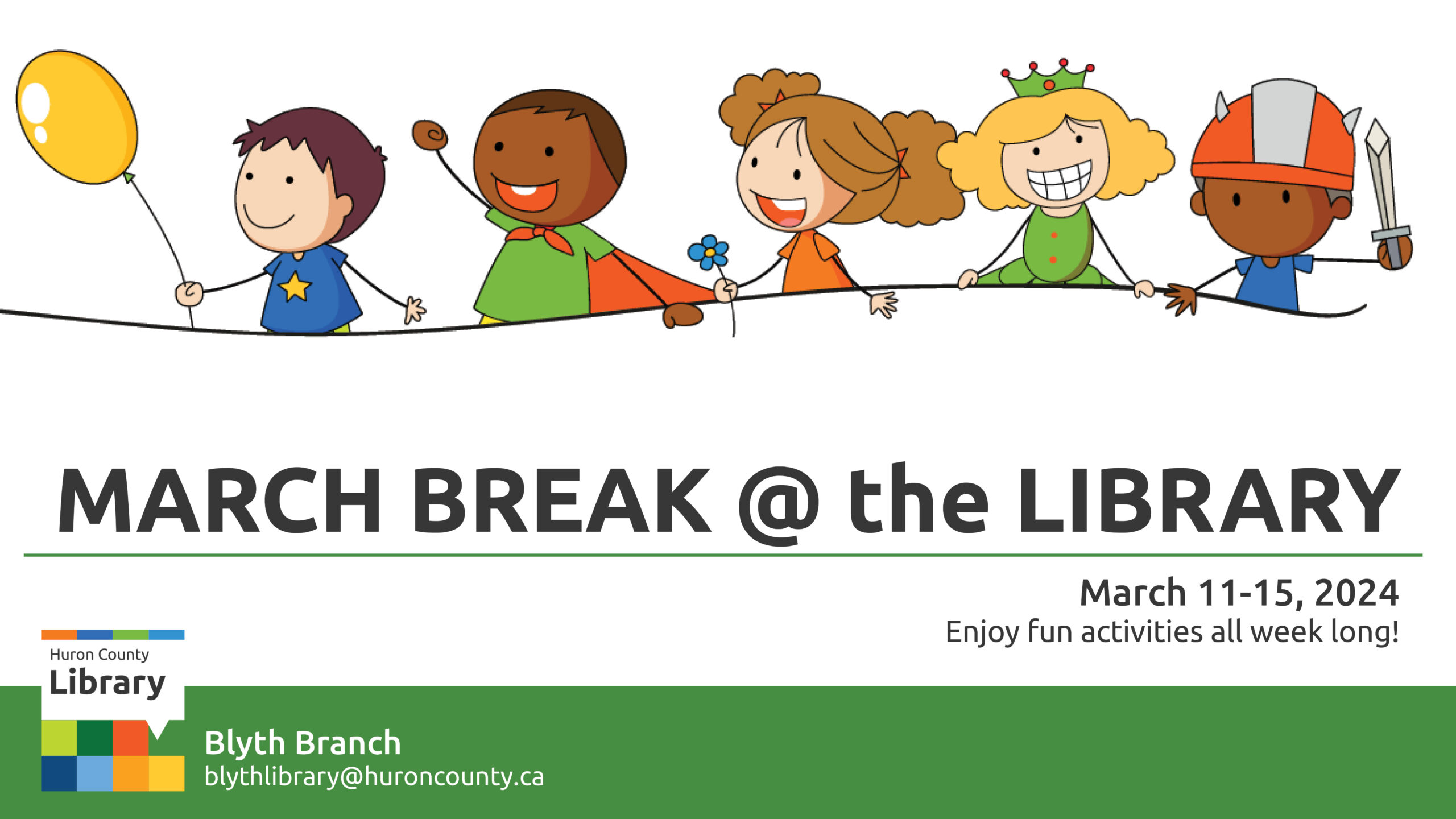 Illustration of kids having fun with text promoting March Break at the library