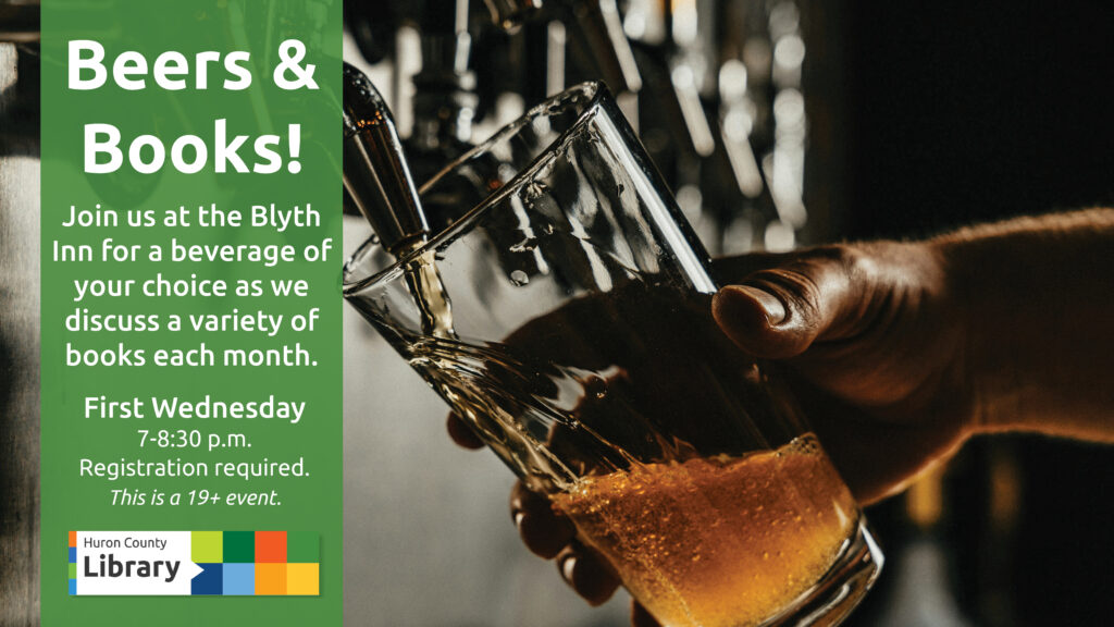 Image of someone pouring a draught beer with text promoting beers and books at the Blyth Inn