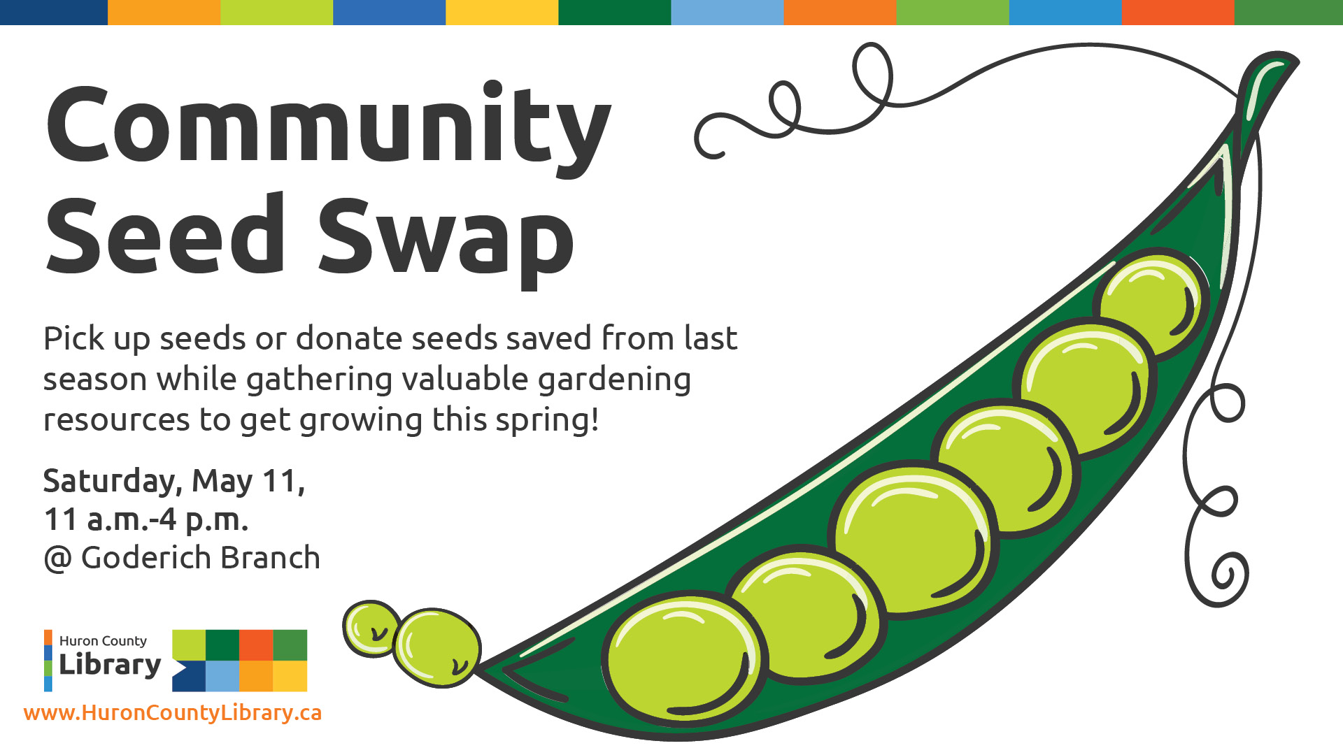 Illustration of peas in a pod with text promoting seed swap at Goderich