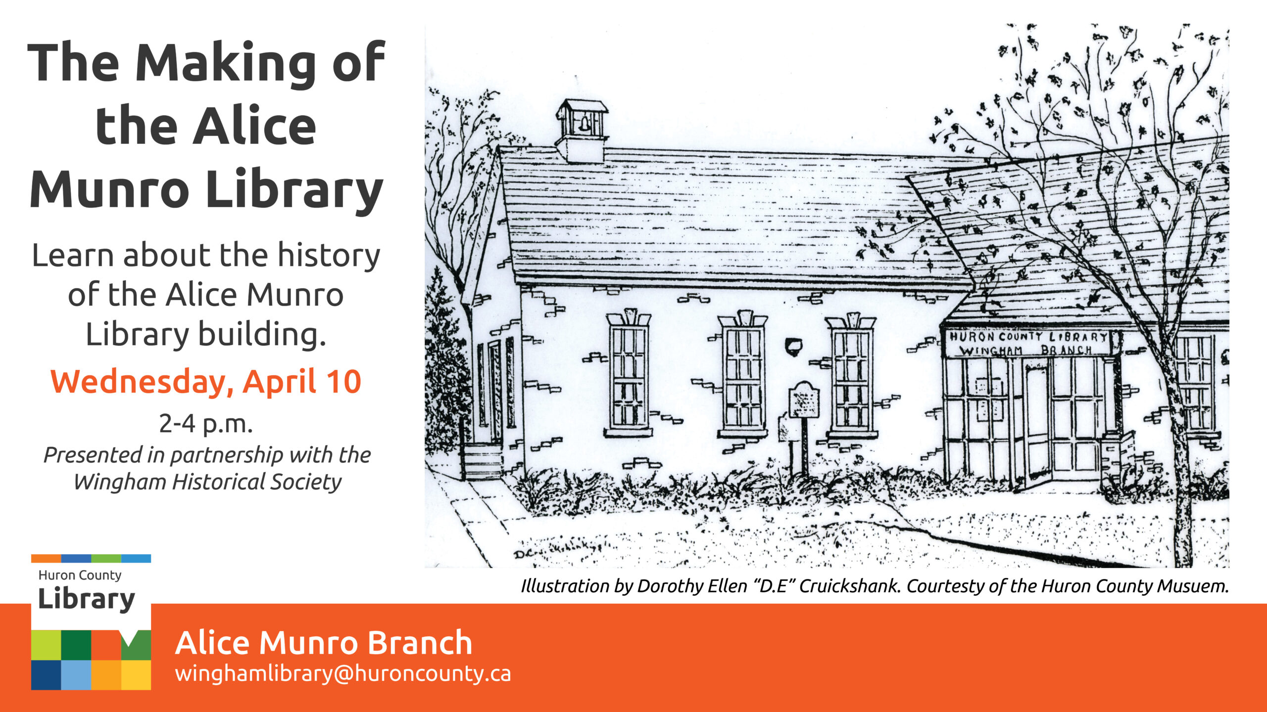 Illustration of the Alice Munro Library Branch with text promoting talk about the history of the building in Wingham