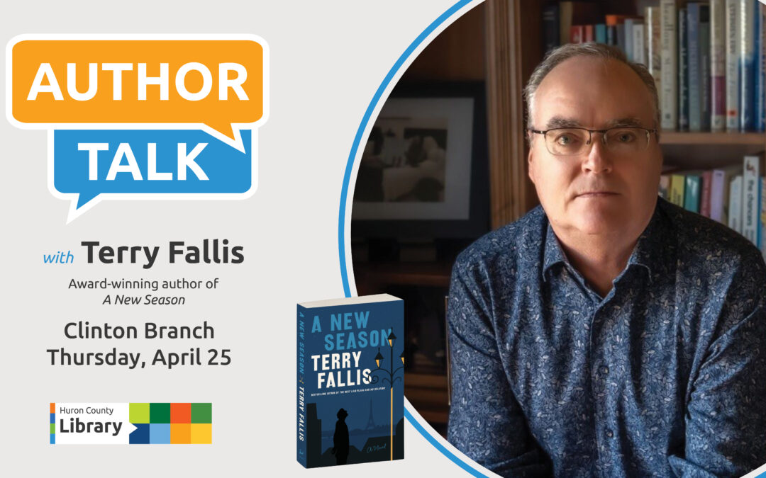 Photo of author Terry Fallis with text promoting author talk at Clinton branch