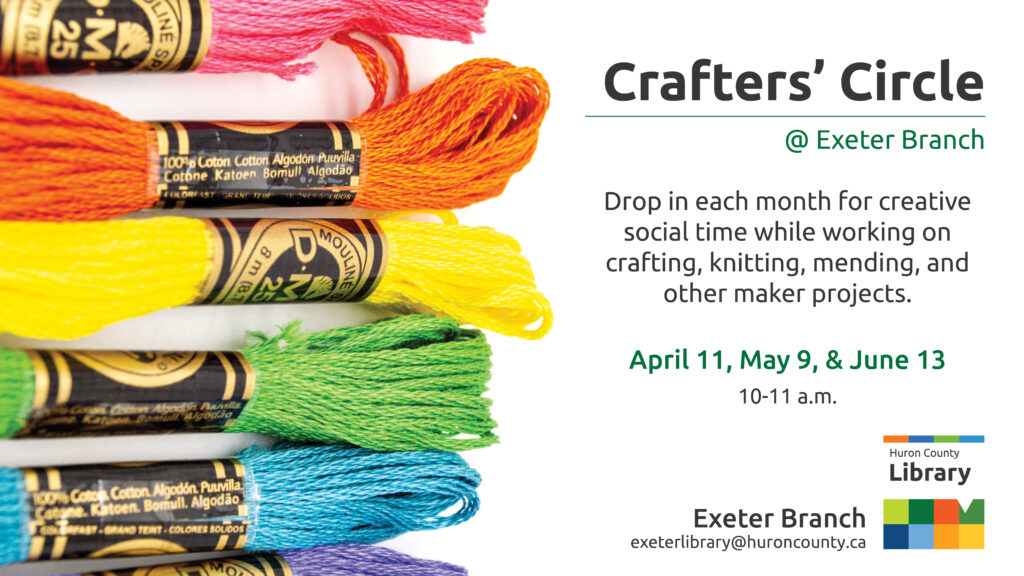 Photo of different colours of embroidery thread with text promoting crafters circle at Exeter