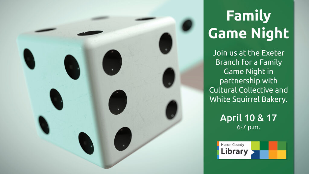Photo of a pair of dice with text promoting family game nights at Exeter