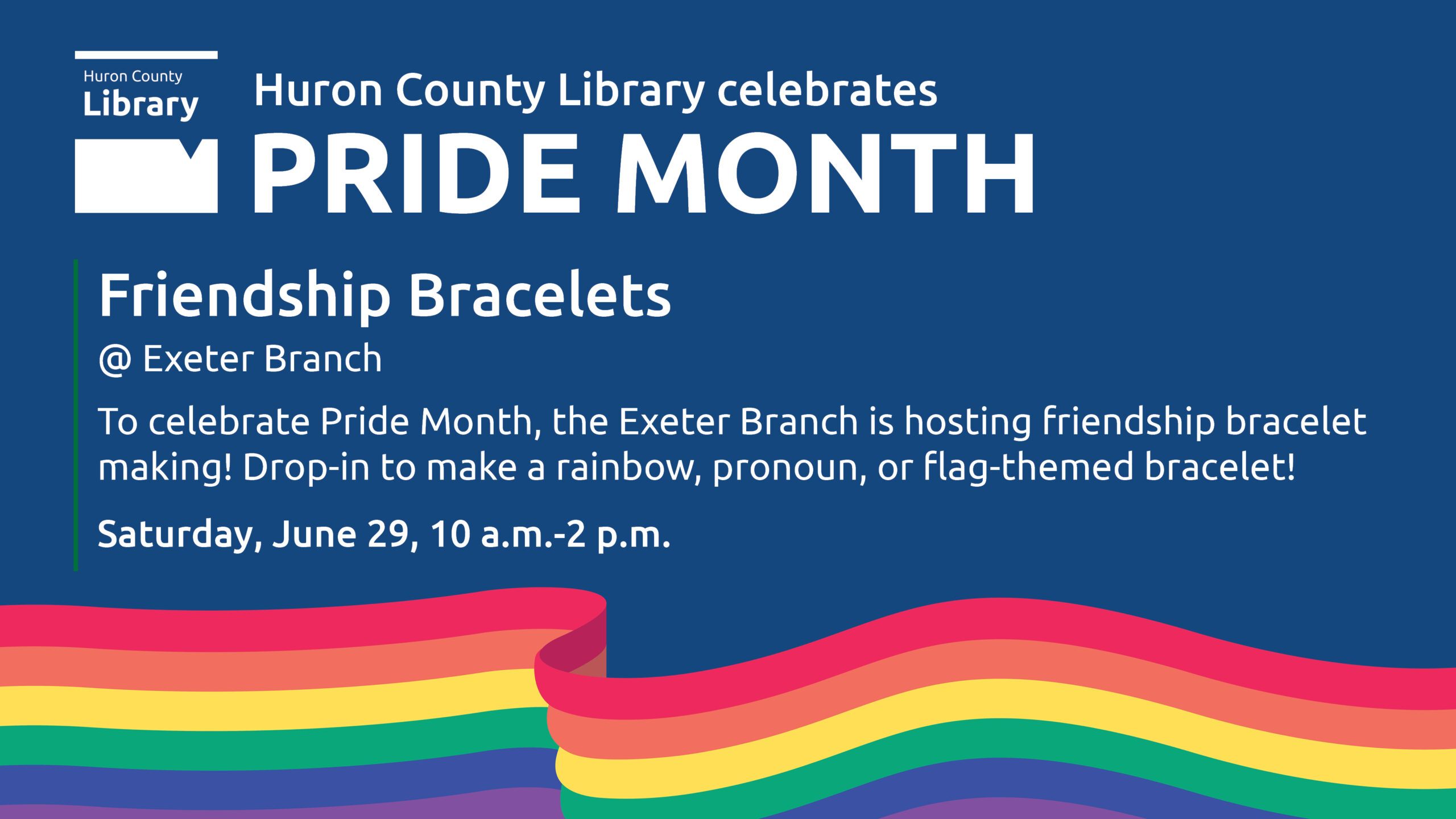 Illustration of a rainbow with text promoting friendship bracelet making at Exeter