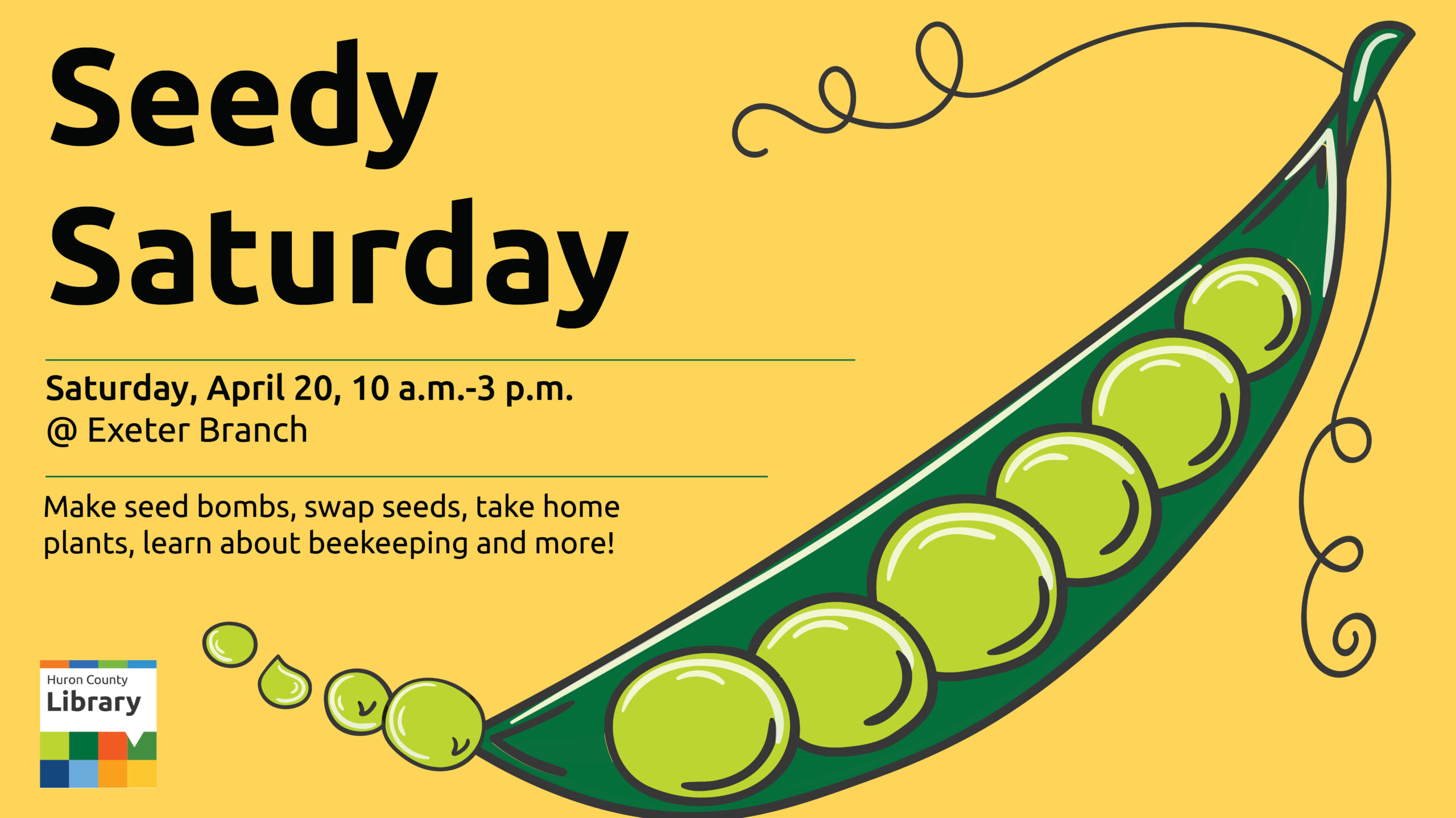 Illustration of peas in a pod with text promoting Seed Saturday at Exeter