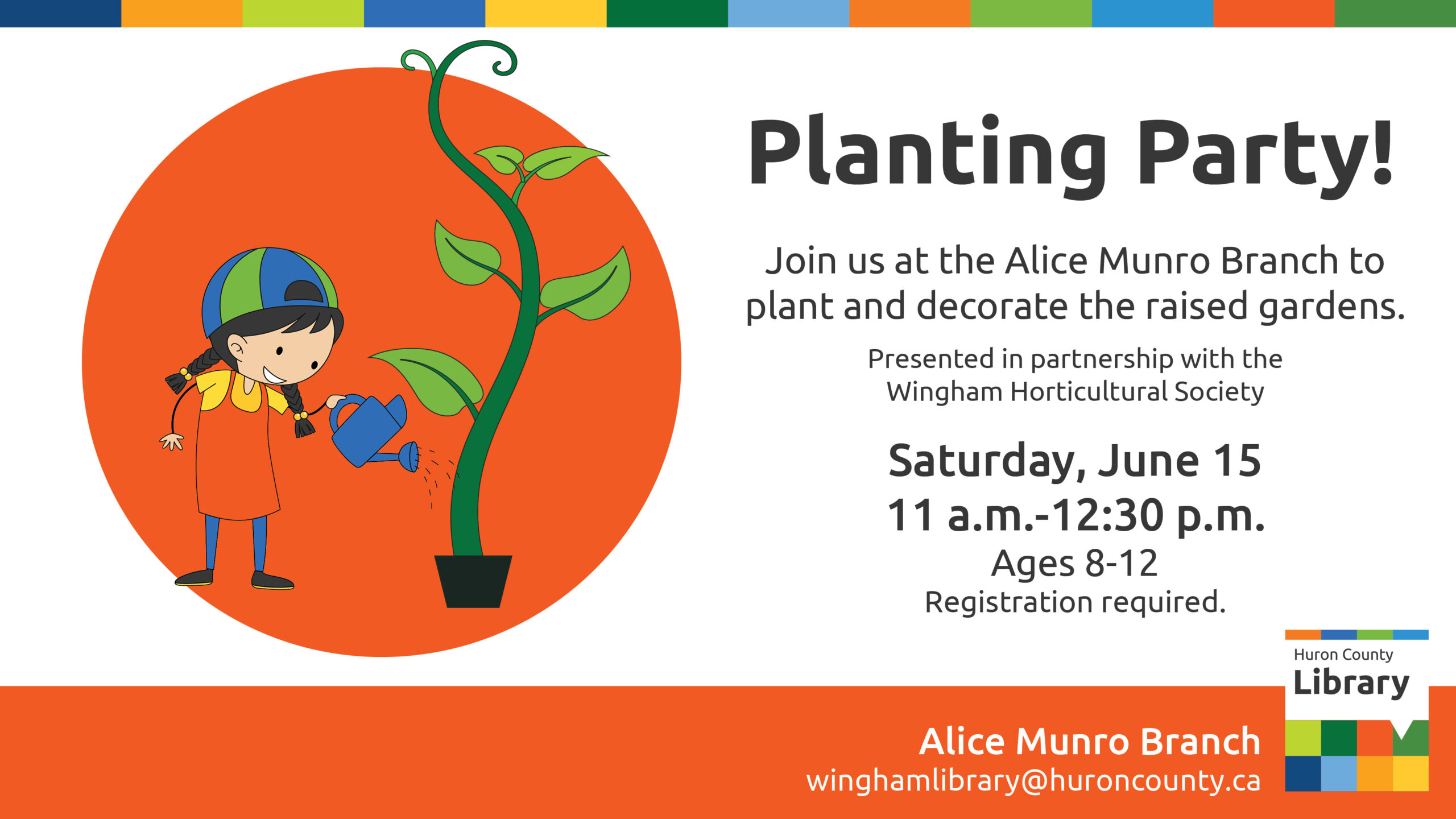 Illustration of a girl watering a bean plant with text promoting Planting party at Wingham