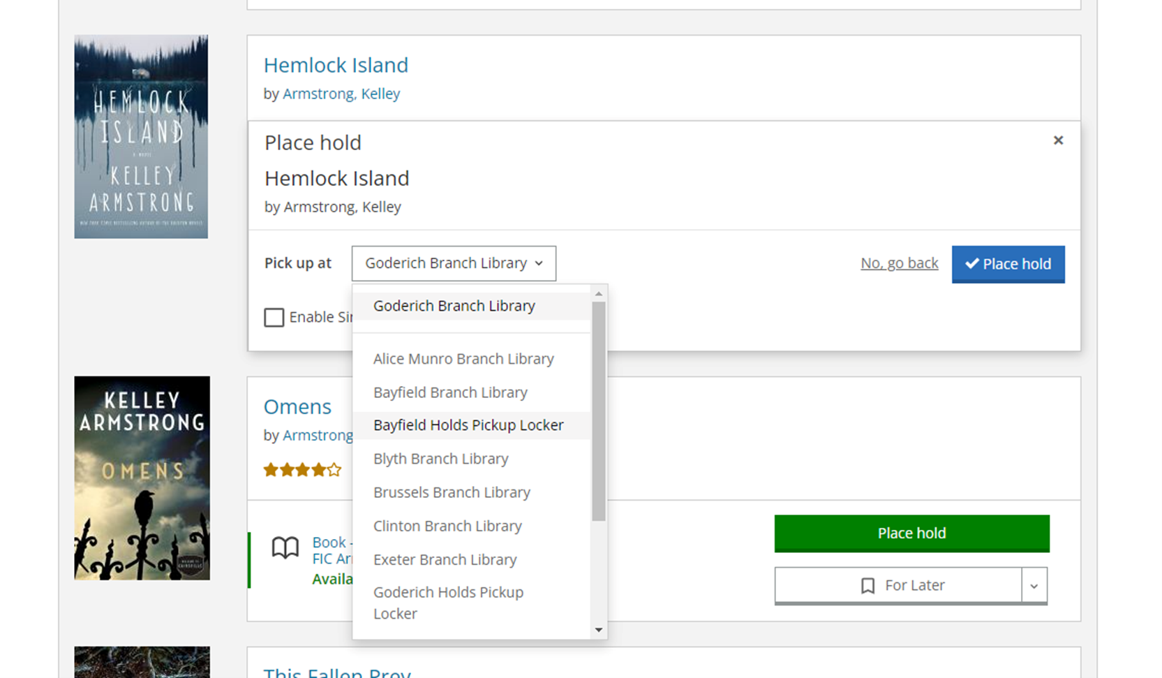 Image of the library's online catalogue showing how to select one of the lockers as a pick-up location
