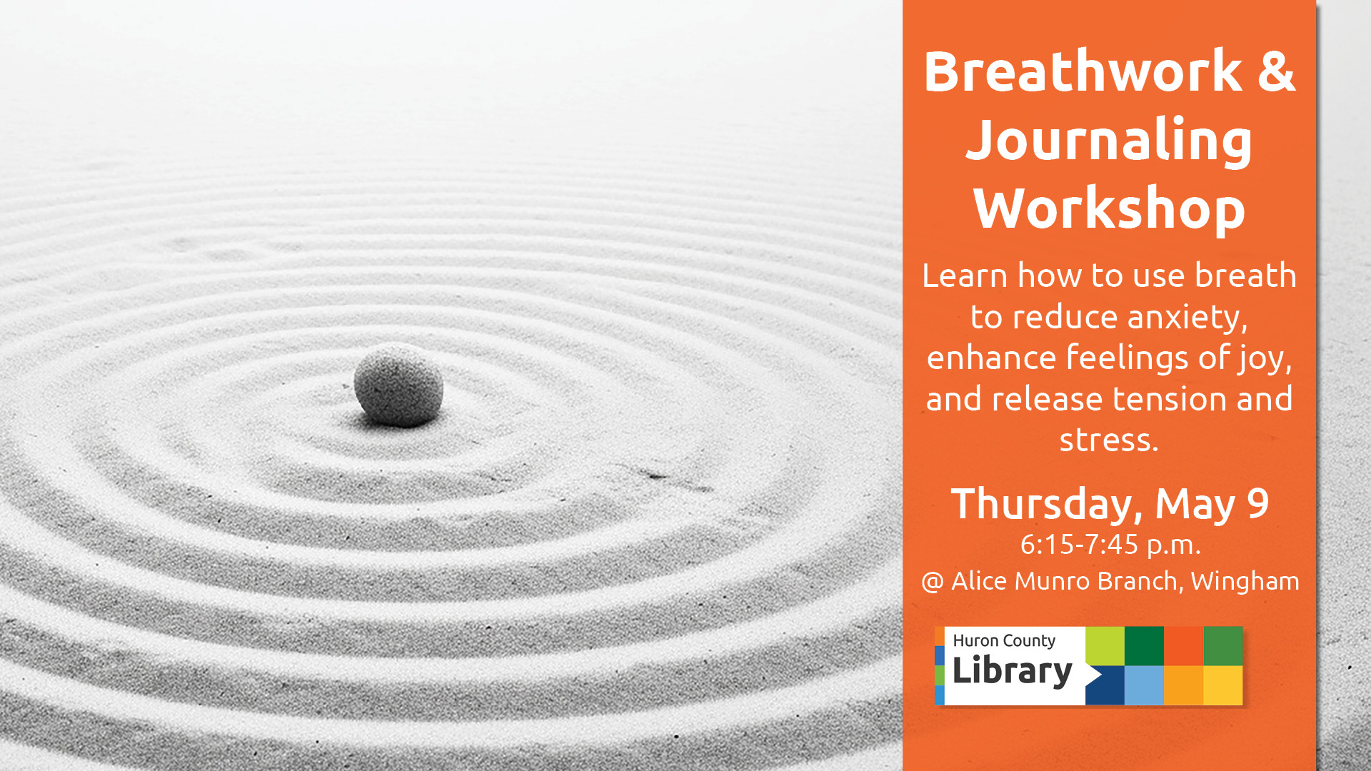 Photo of rippled sand with text promoting Breathwork and Journaling Workshop at Wingham